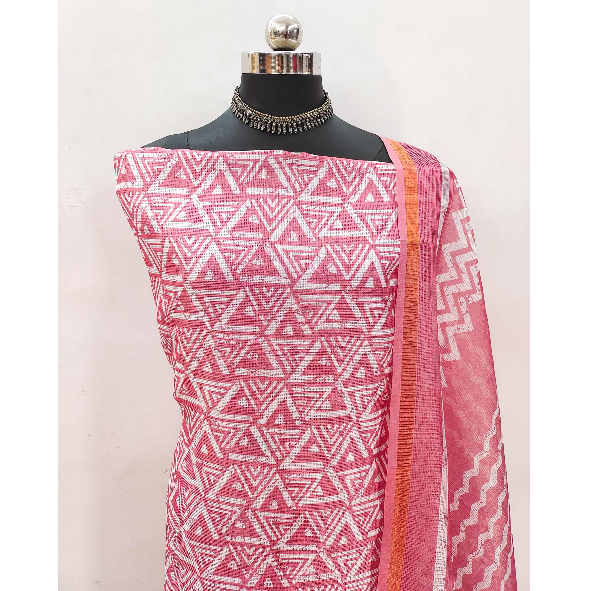 Gajari Pink Geometric Printed Kota Doria Dress Material