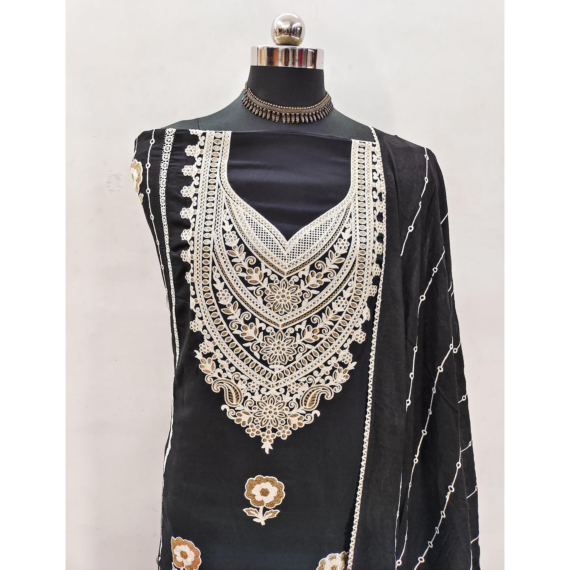 Black Floral Embroidered Georgette Dress Material