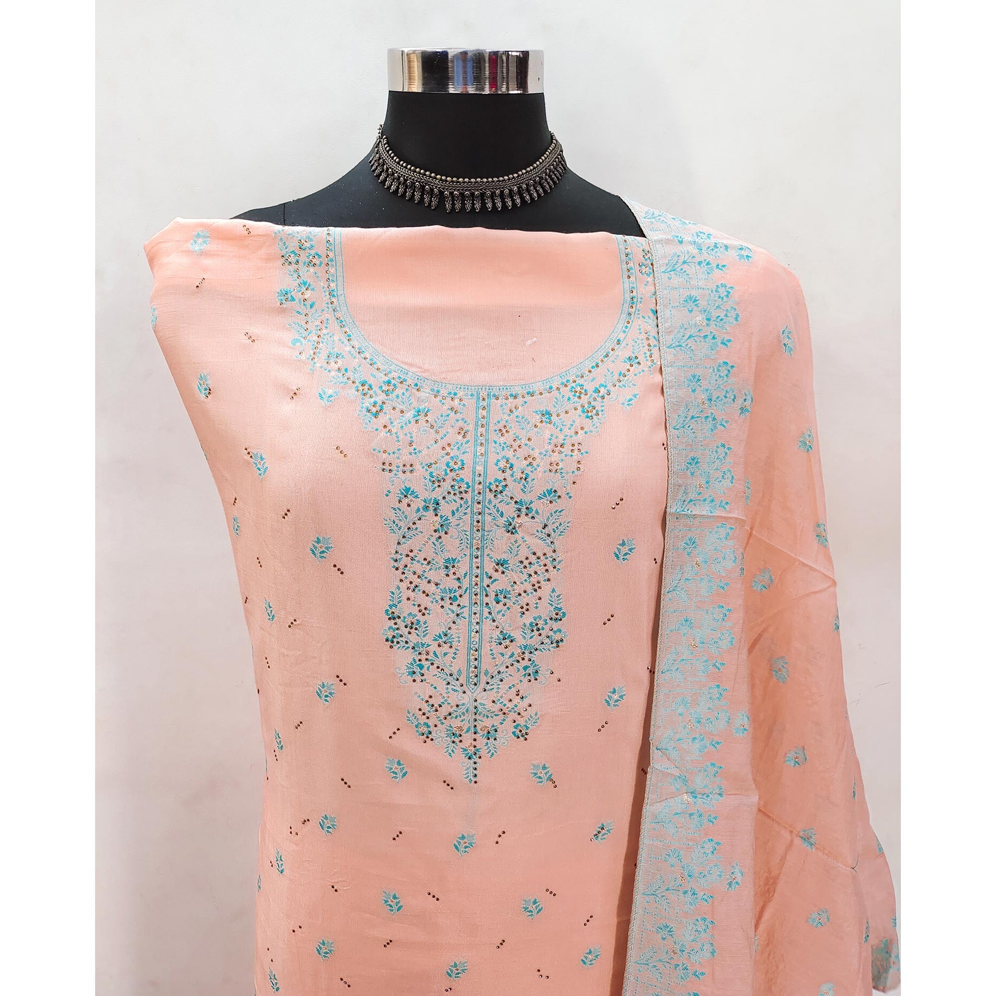 Peach Floral Banarasi Silk Dress Material with Rich Zari Weaving