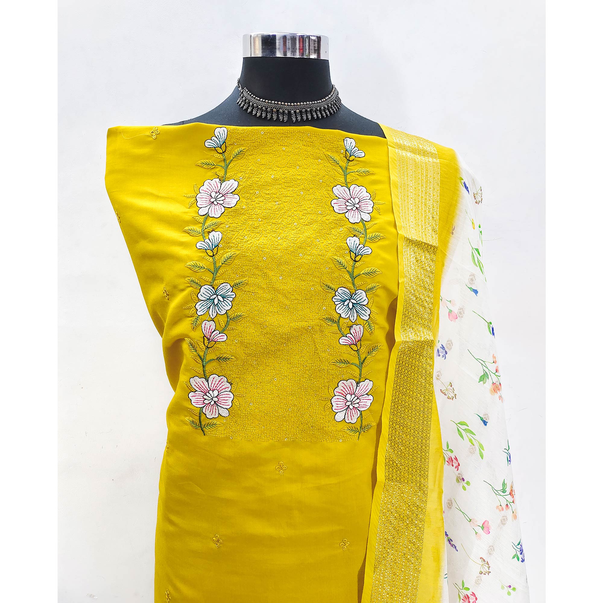 Mustard Viscose Dress Material with Intricate Floral Embroidery