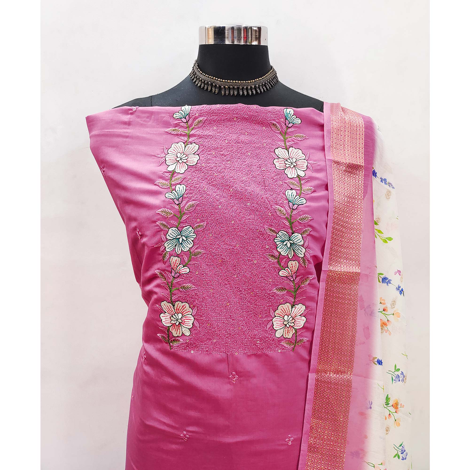 Pink Viscose Dress Material with Intricate Floral Embroidery
