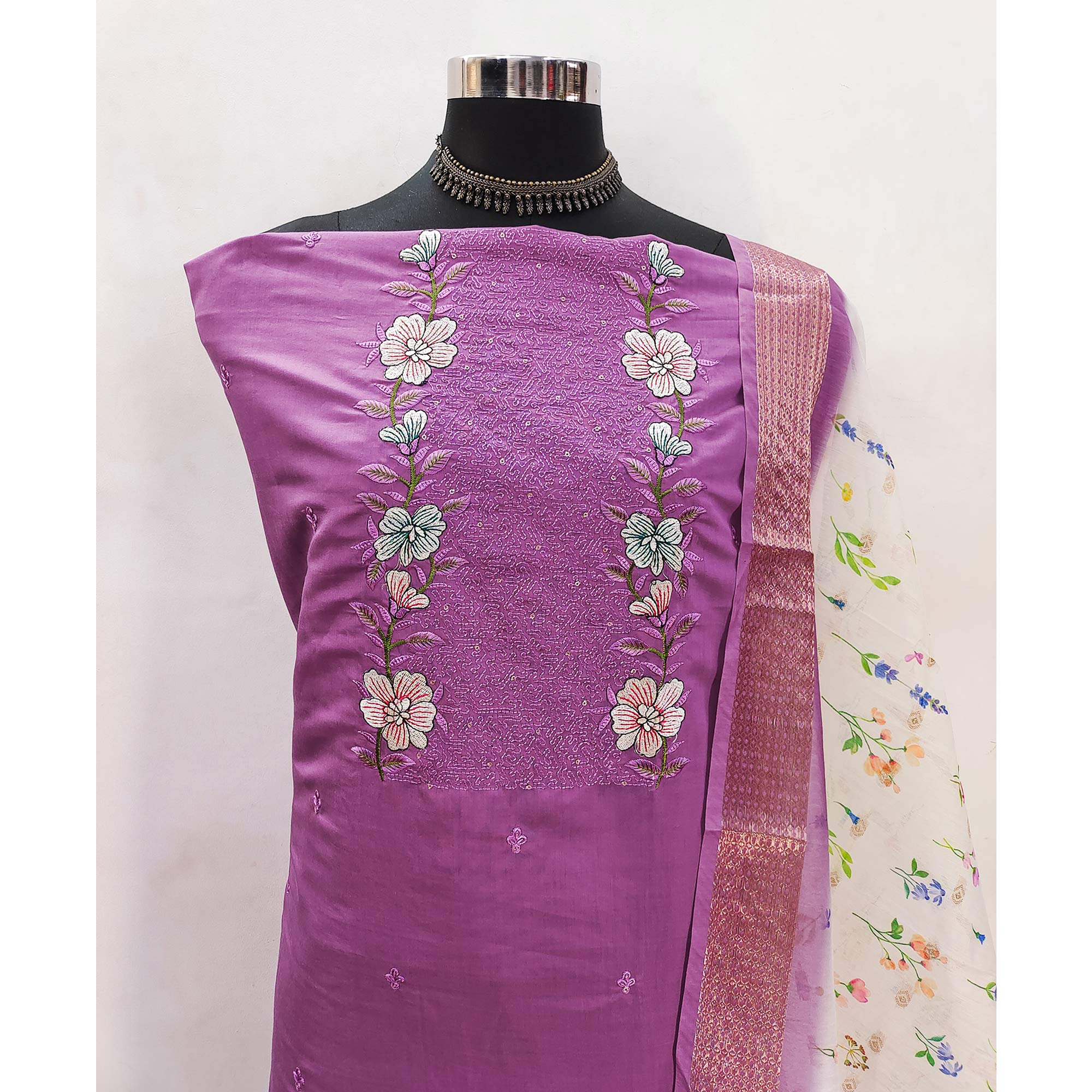 Purple Viscose Dress Material with Intricate Floral Embroidery