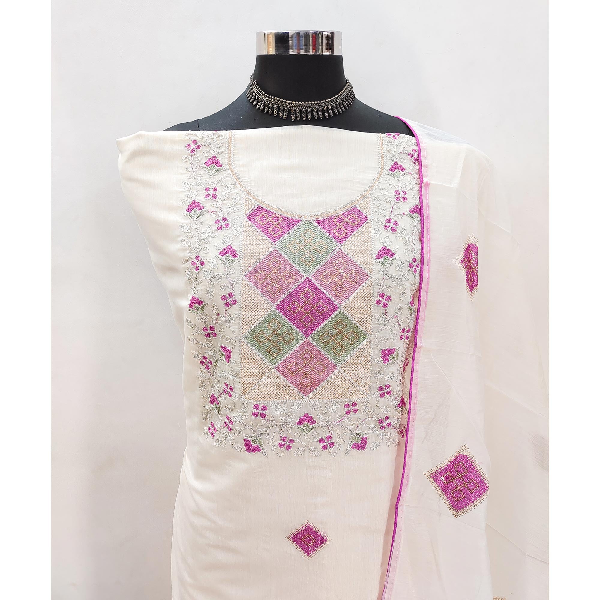 White Chanderi Unstitched Dress Material with Floral Embroidery