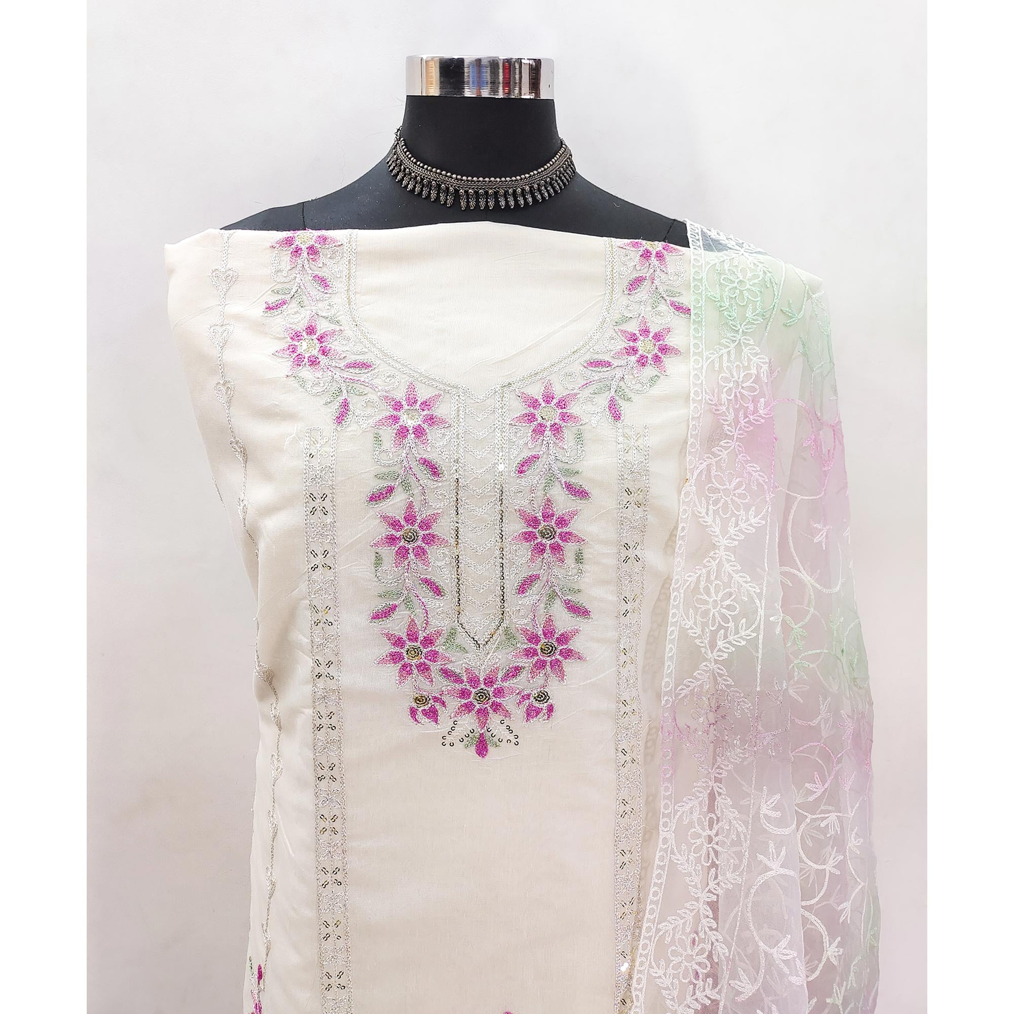 White Chanderi Unstitched Dress Material with Floral Embroidery