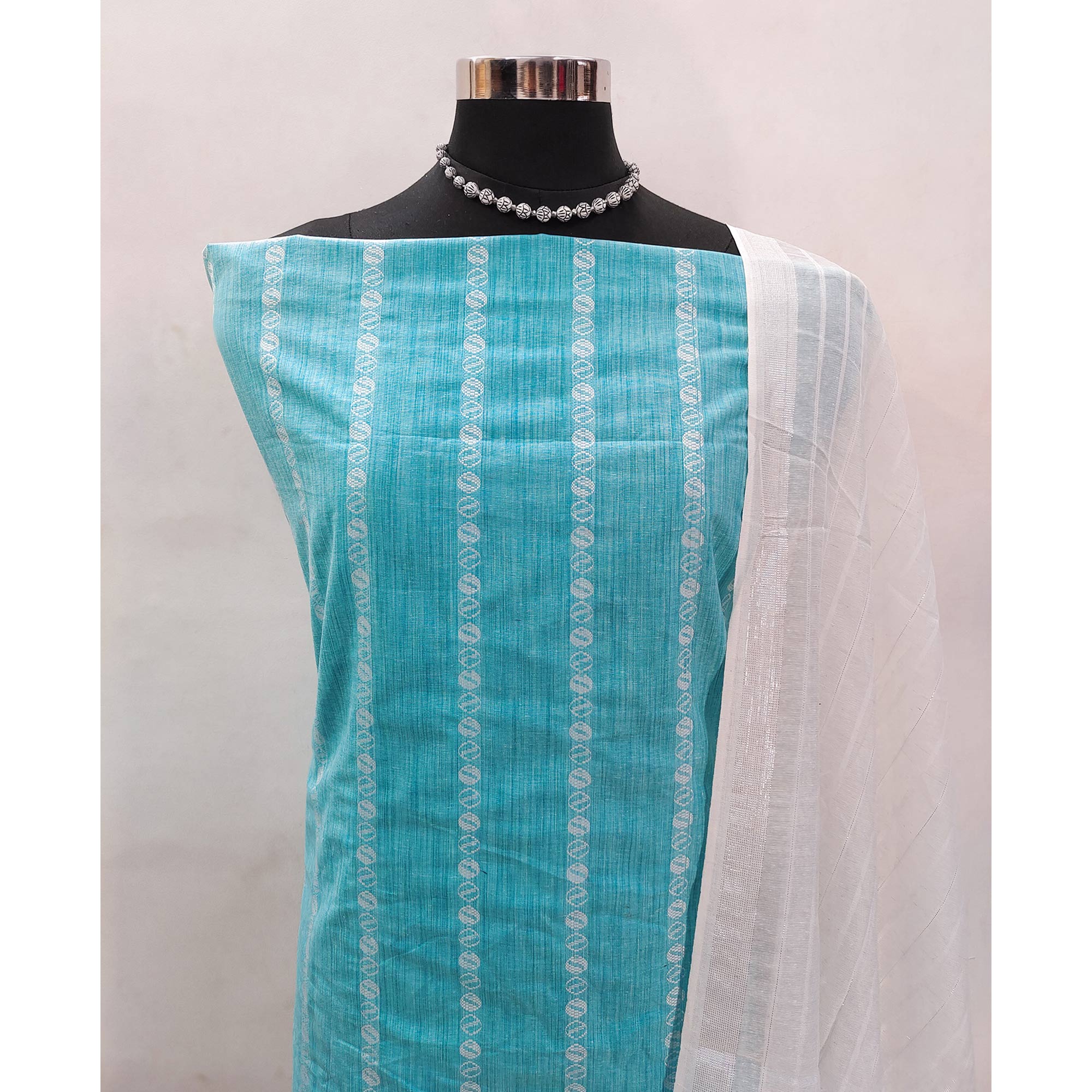 Intricate Weaving Work on Blue Pure Cotton Dress Material