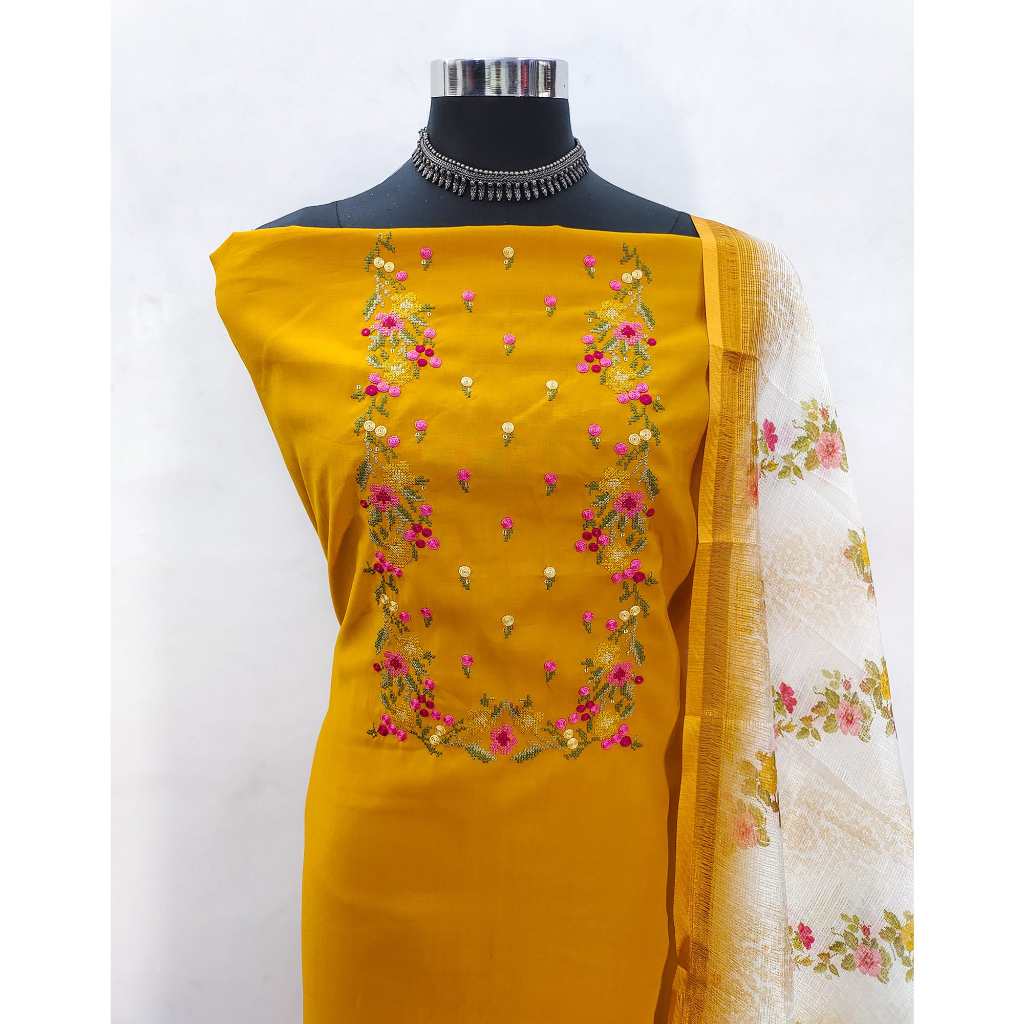 Mustard Viscose Dress Material With Floral Embroidered Neckline