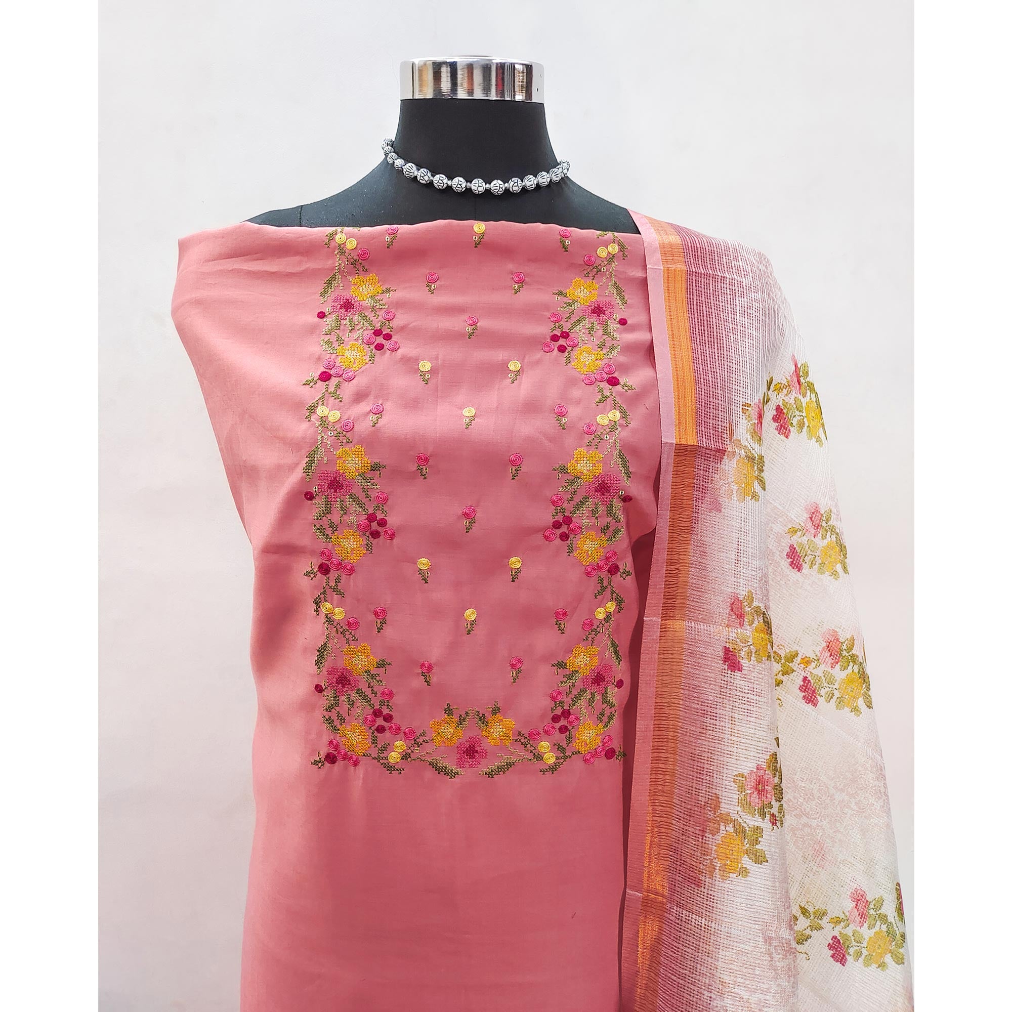 Peach Viscose Dress Material With Floral Embroidered Neckline