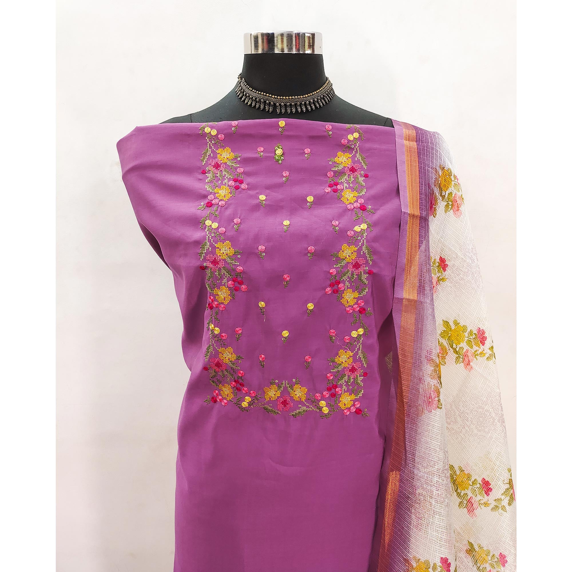 Purpple Viscose Dress Material With Floral Embroidered Neckline