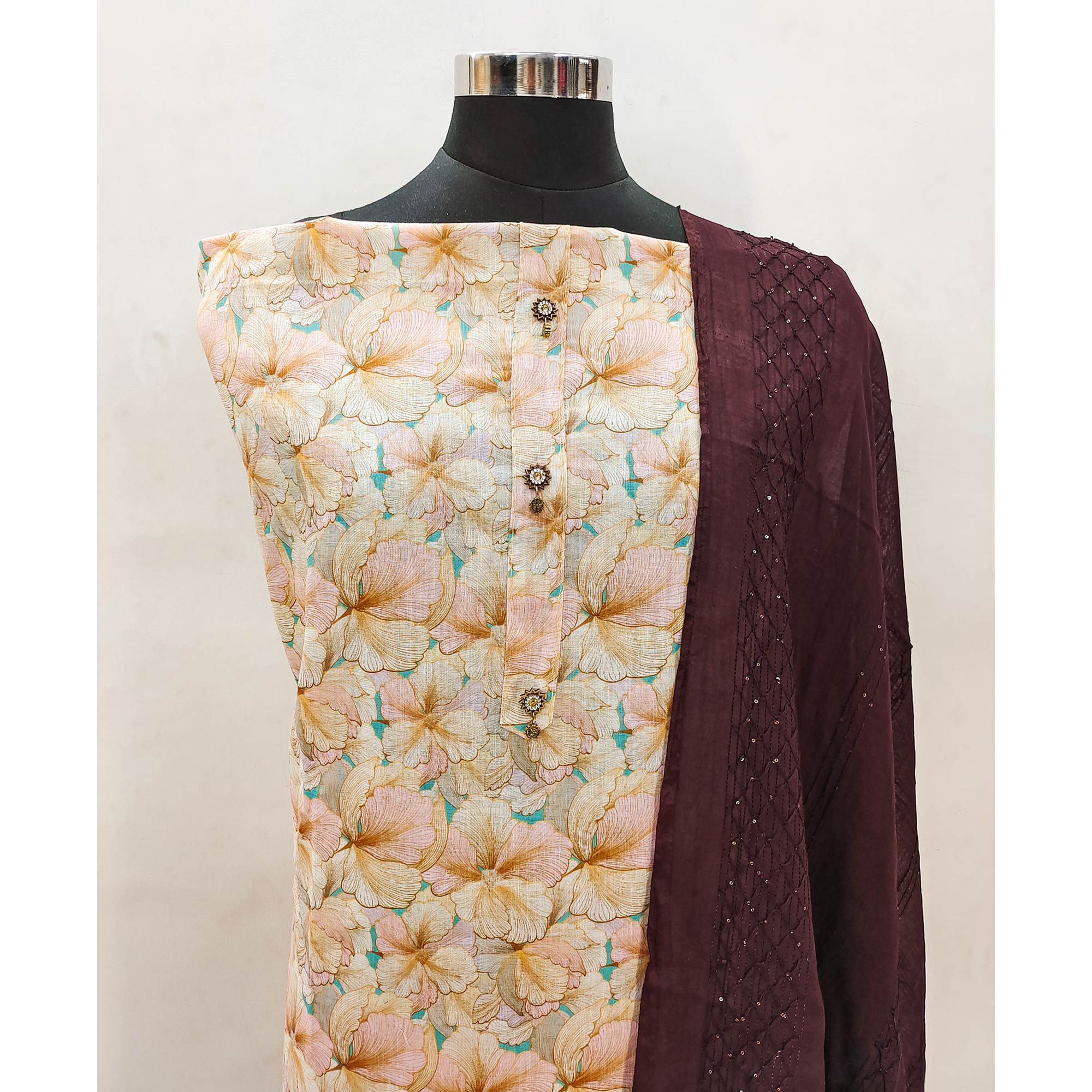 Cream Linen Dress Material With Delicate Floral Print