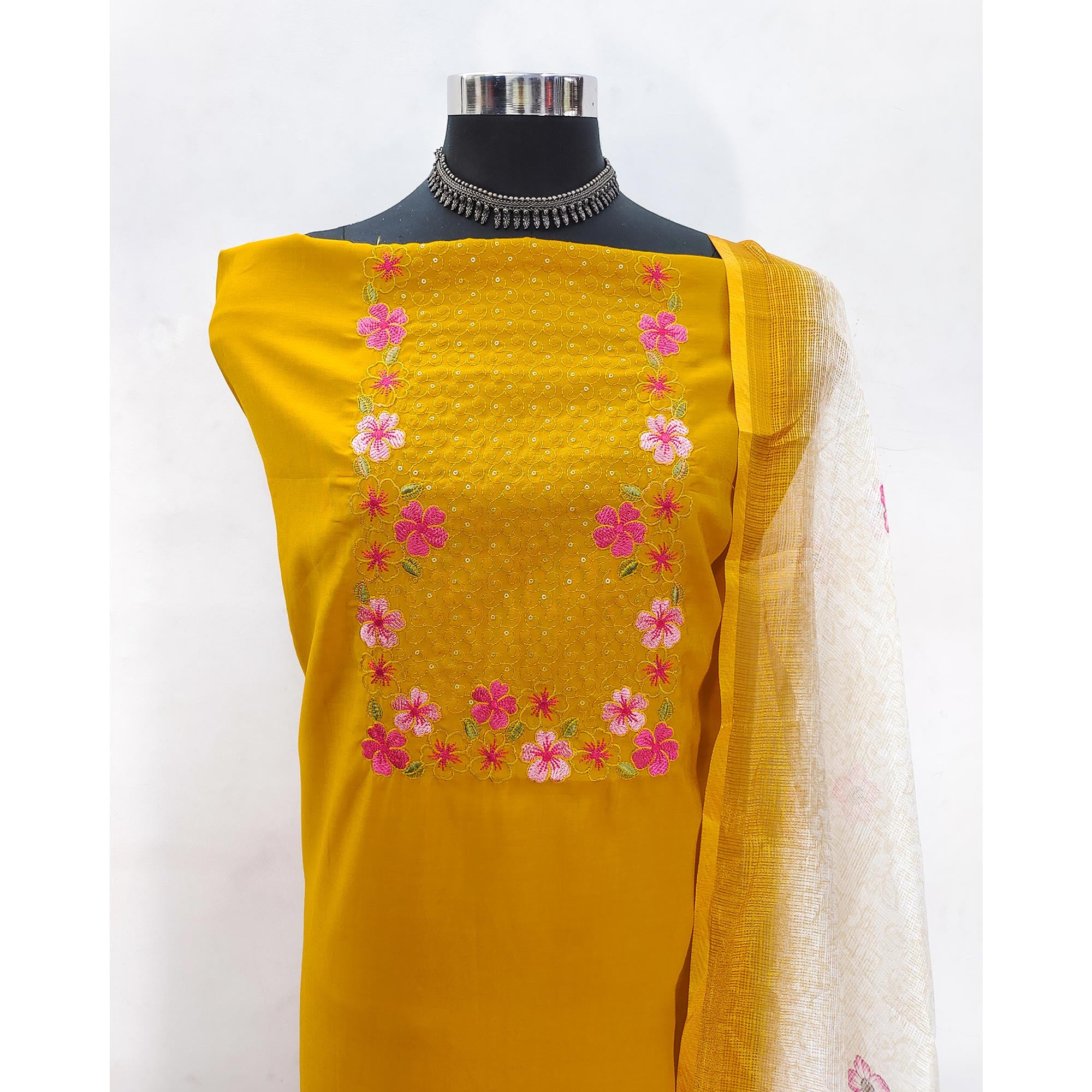 Mustard Delicate Floral Embroidery On Luxe Viscose Dress Material