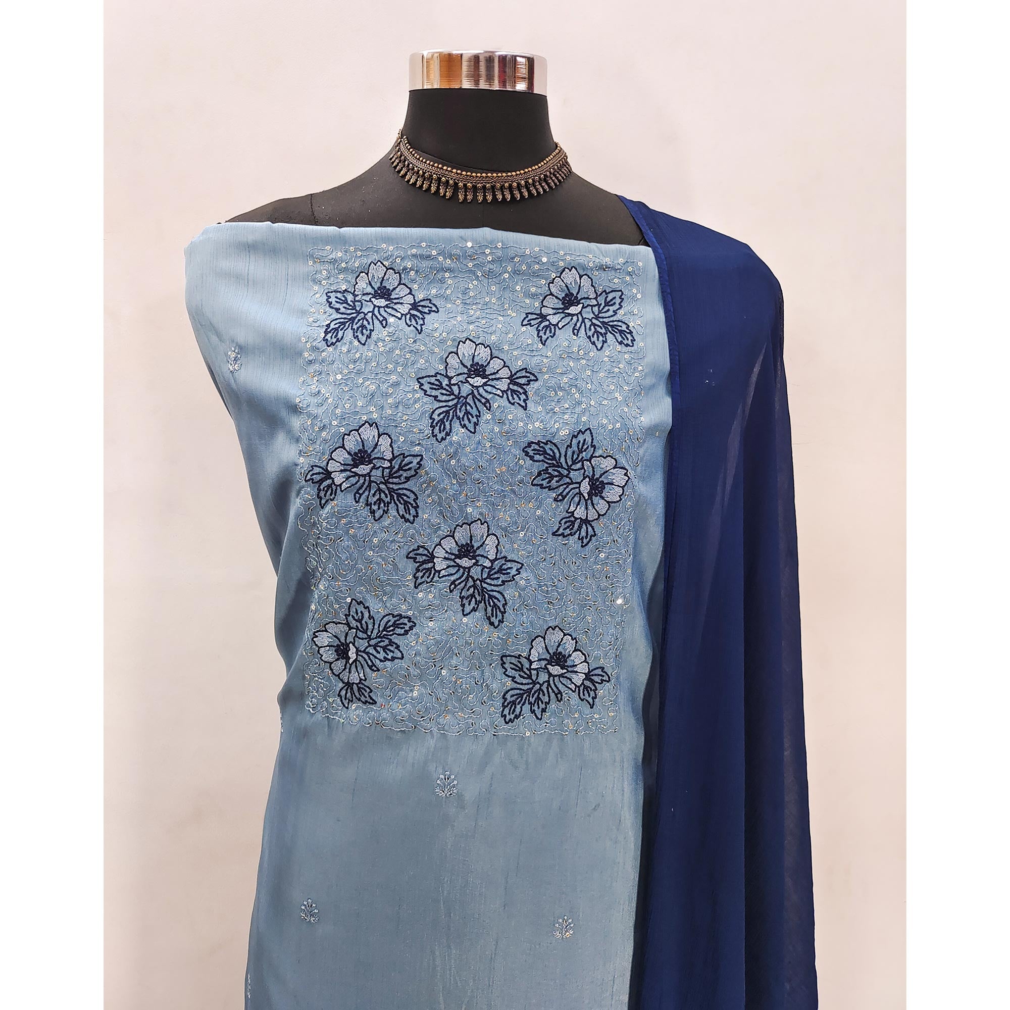 Sky Blue Silk Blend Dress Material with Sequin Embroidery