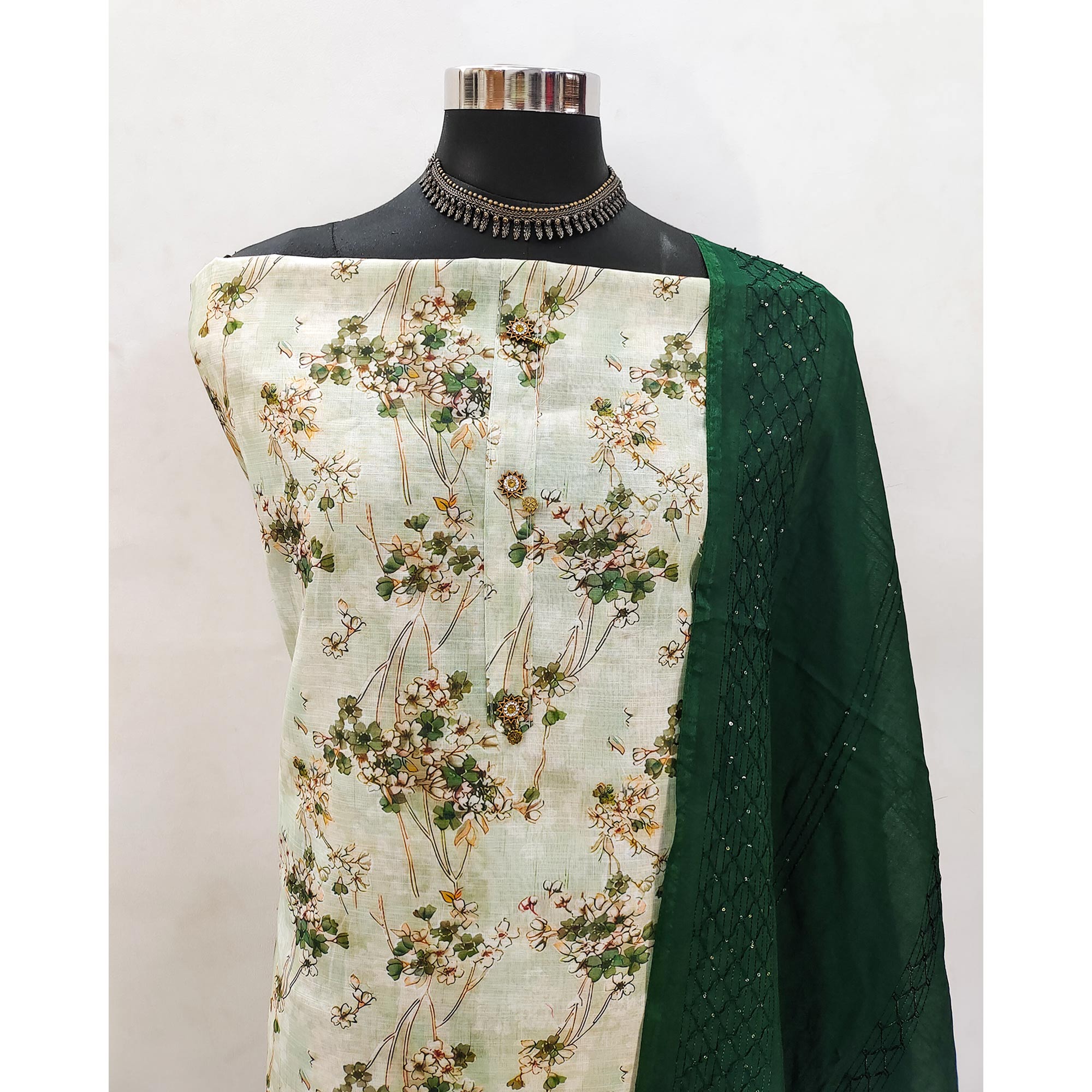 Light Green Delicate Floral Print Linen Fabric Dress Material