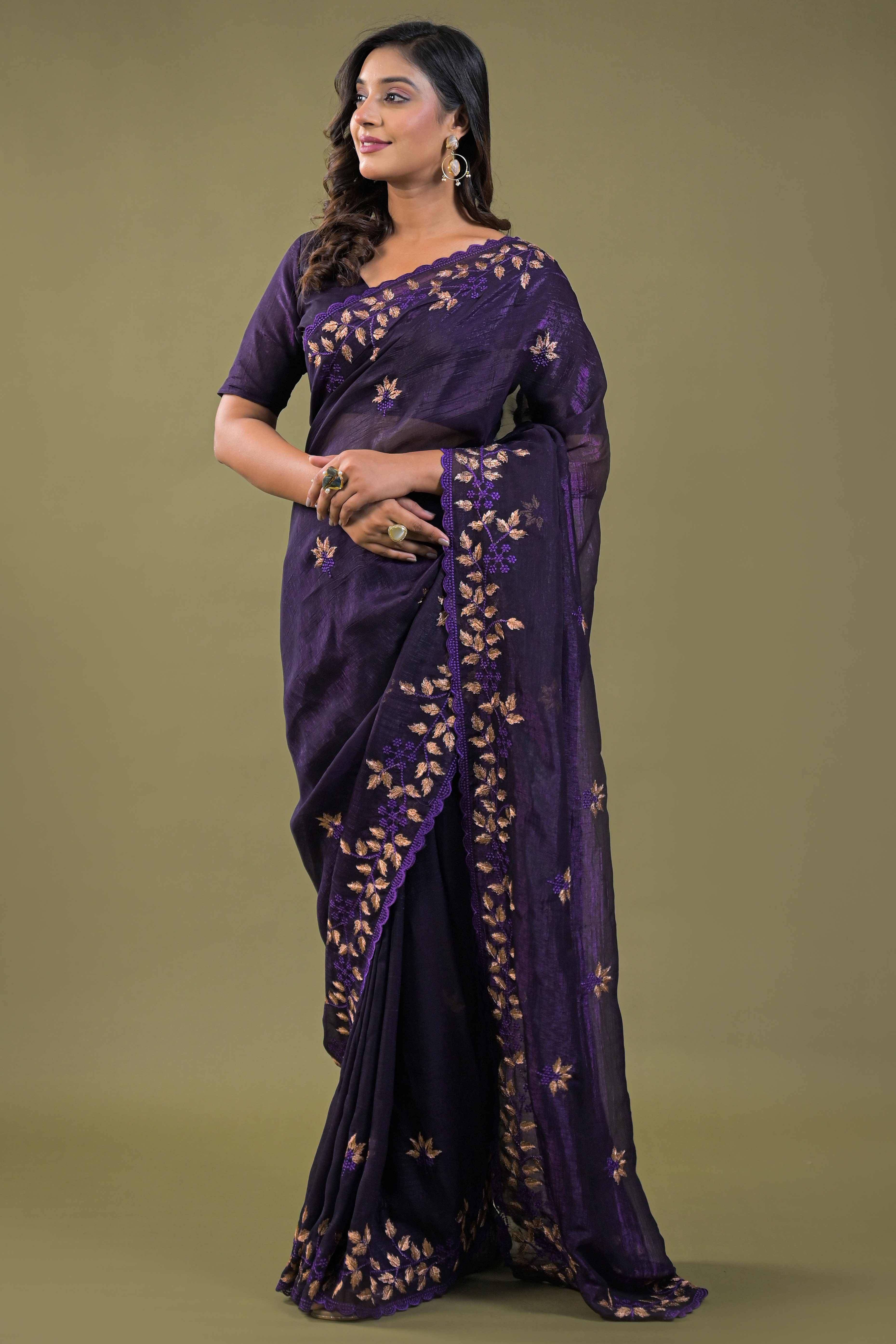 Dark Purple Sheer Organza Saree Adorned with Floral Embroidery