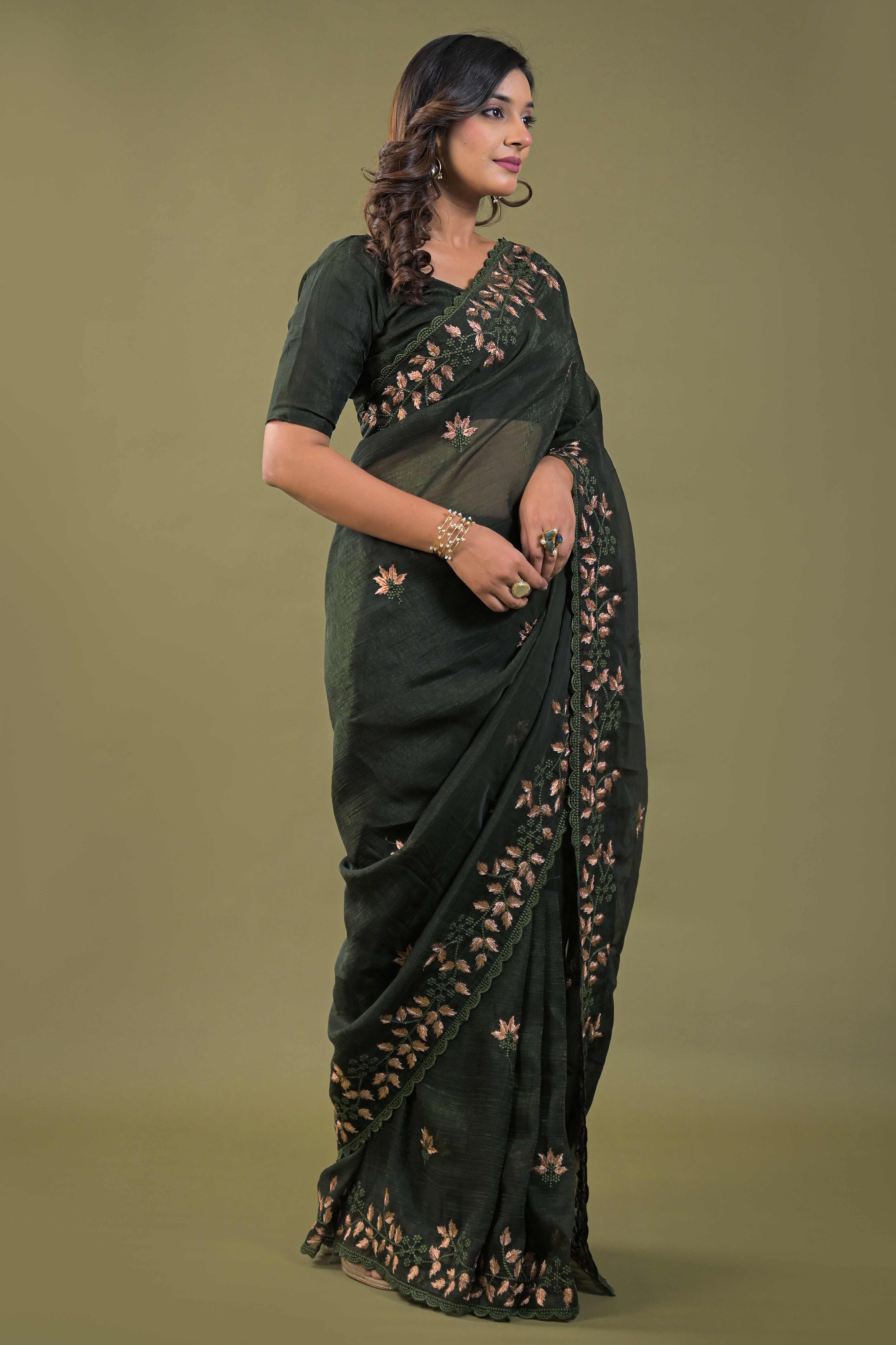 Mehendi Green Sheer Organza Saree Adorned with Floral Embroidery