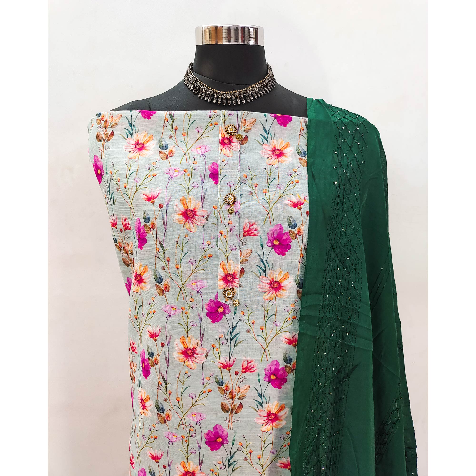 Green Linen Fabric with Serene Floral Patterns for Casual Looks