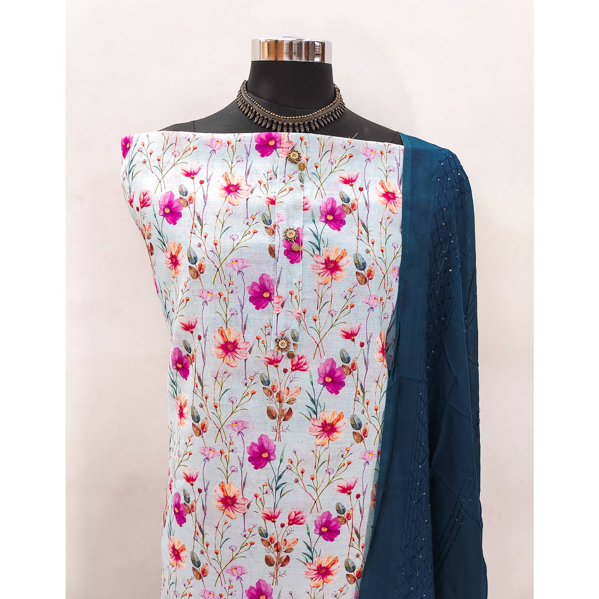 Teal Linen Fabric with Serene Floral Patterns for Casual Looks