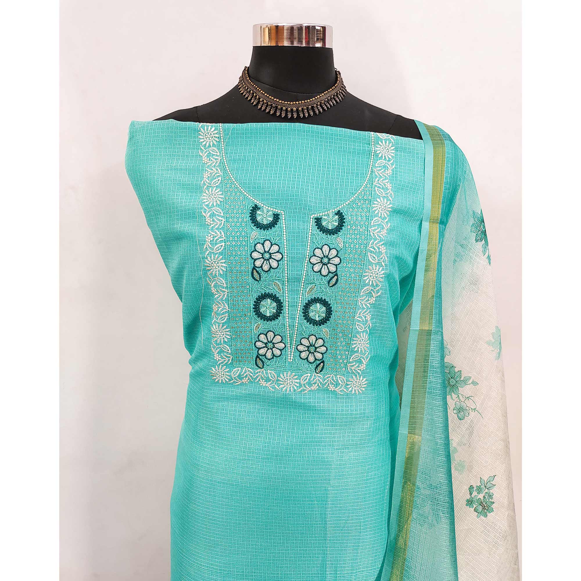Turquoise Kota Doria Fabric with Beautifully Embroidered Floral Designs