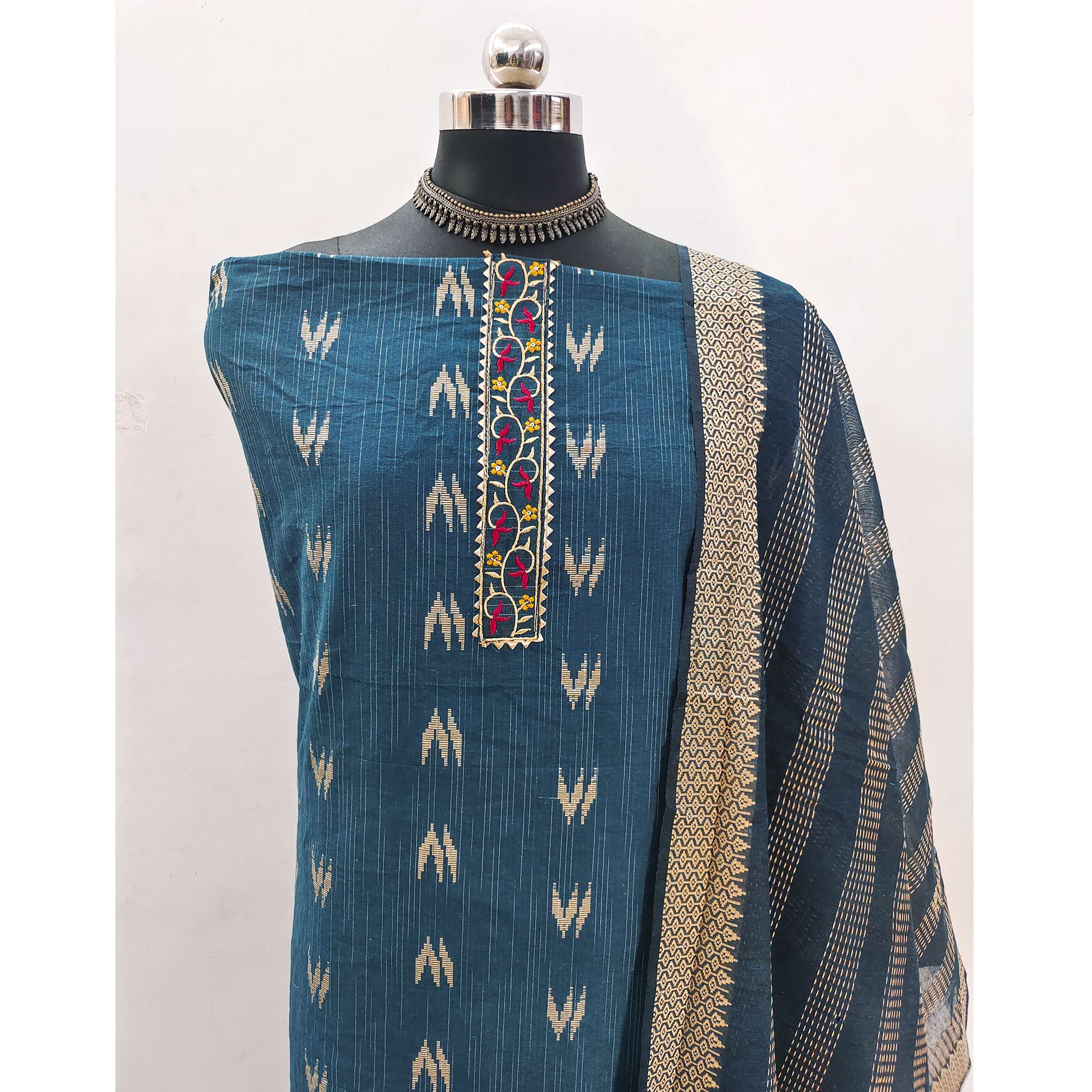 Blue Ikkat Style Woven Dress Material in Soft Pure Cotton for Everyday Wear