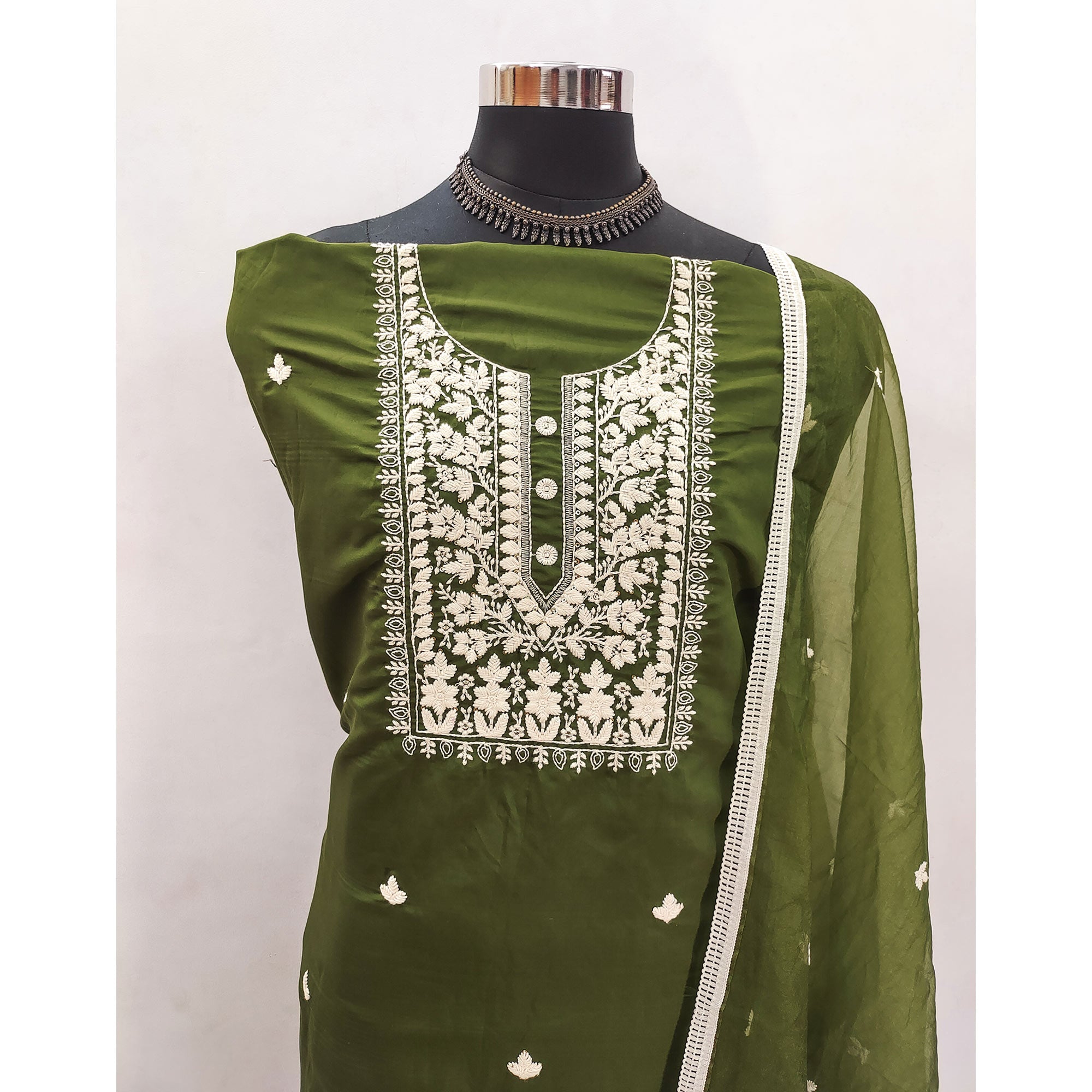 Soft Viscose Fabric in Green with Delicate Floral Work