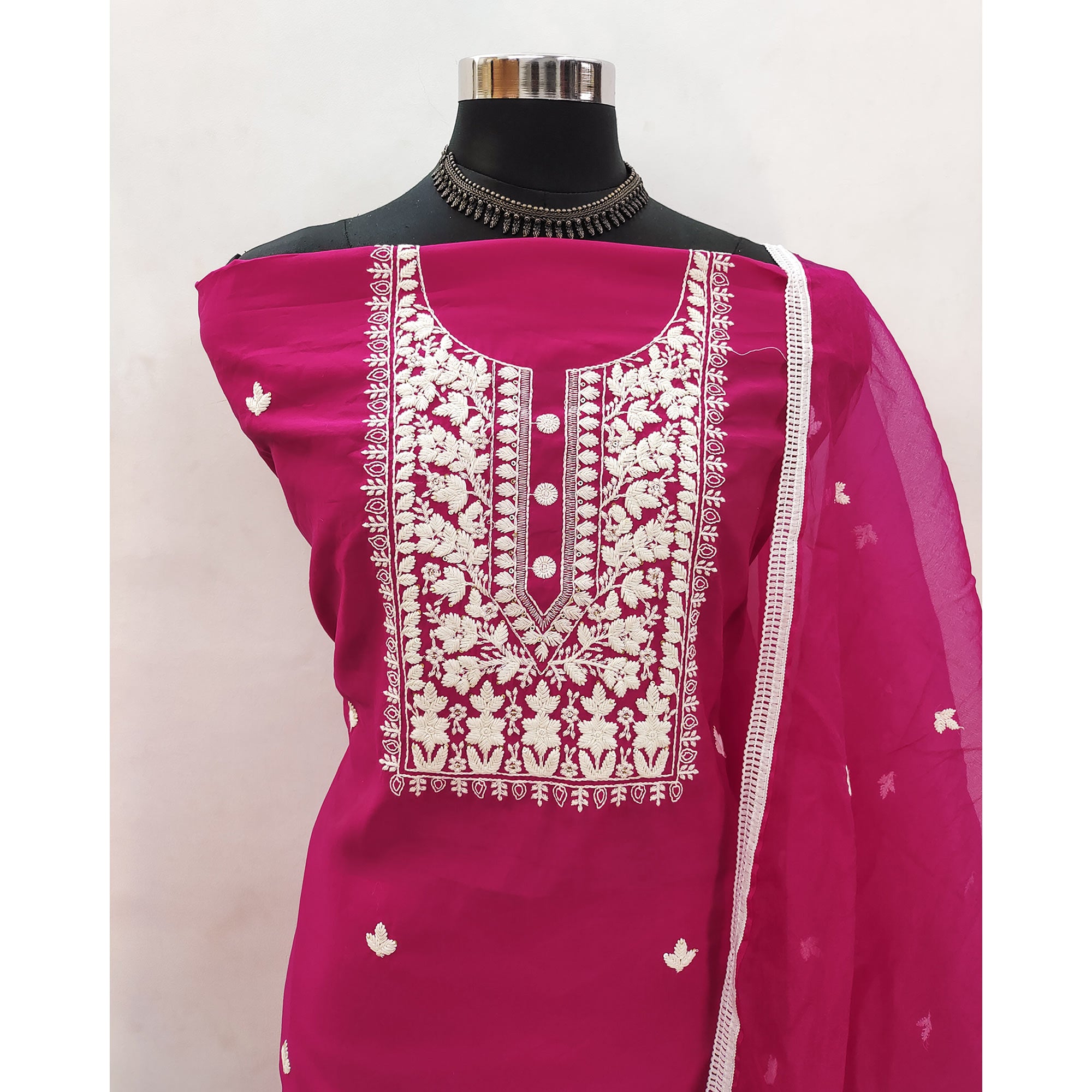 Soft Viscose Fabric in Pink with Delicate Floral Work