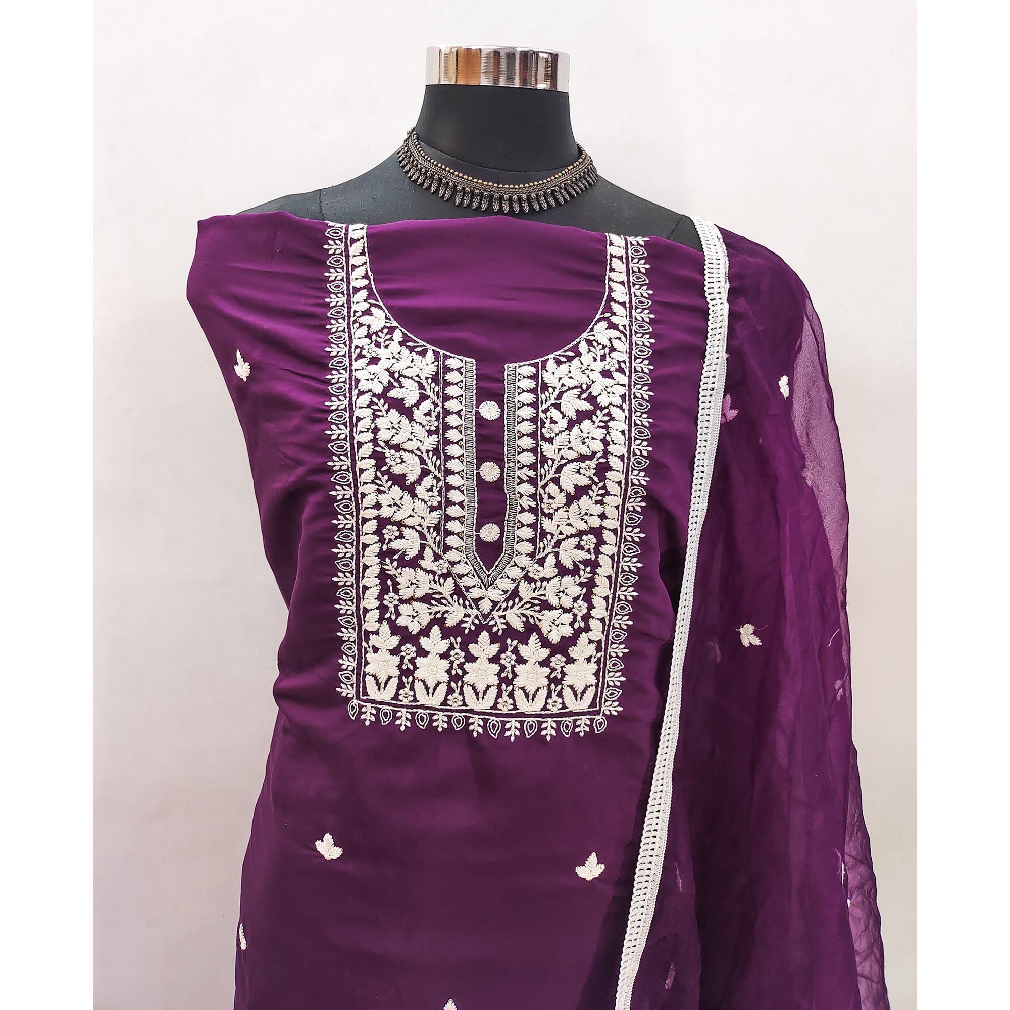 Soft Viscose Fabric in Purple with Delicate Floral Work