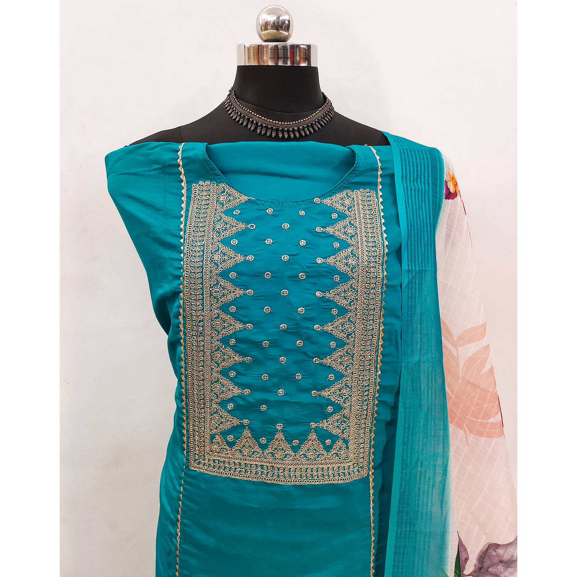 Teal Golden Thread Embroidered On Viscose Dress Material