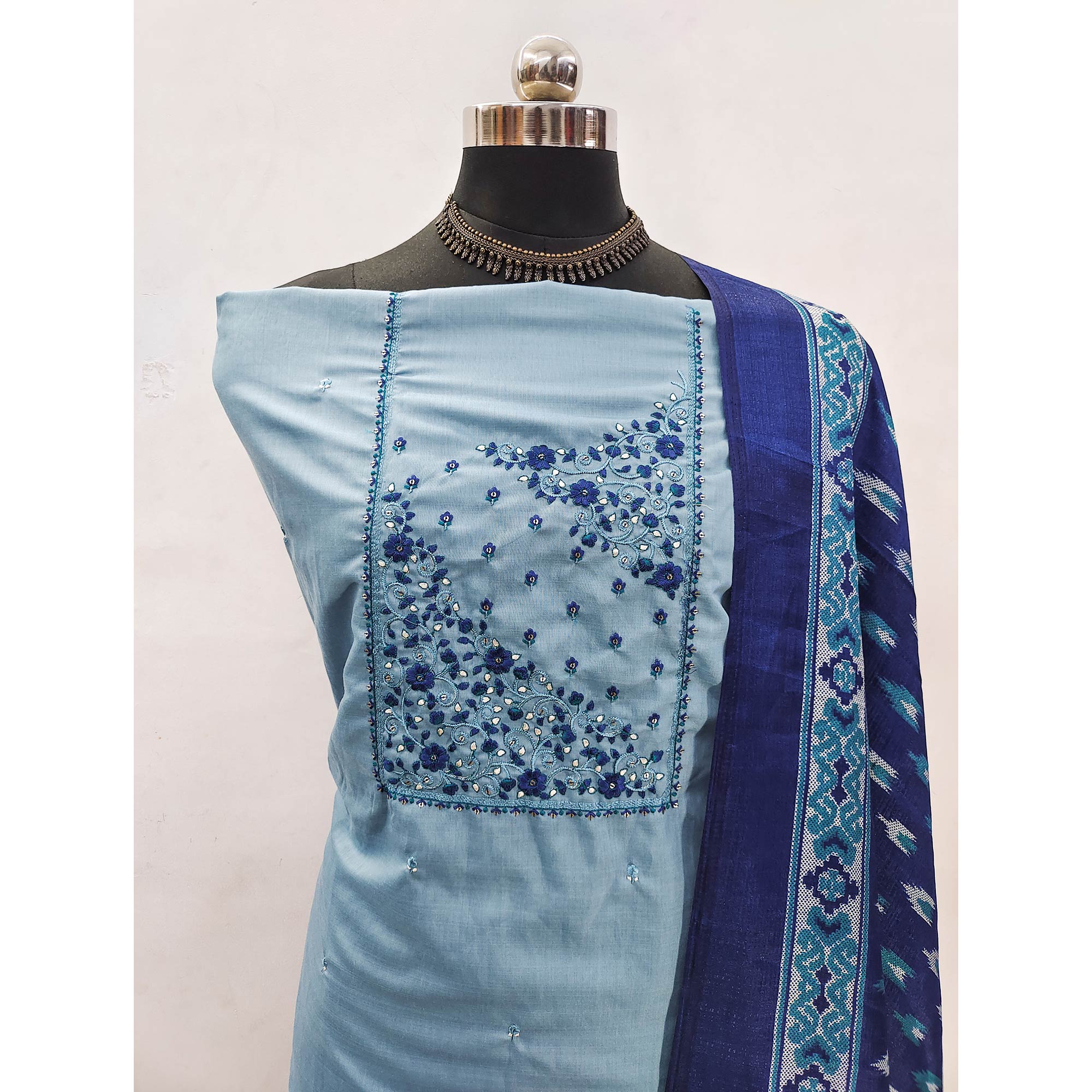 Luxury Blue Chanderi Silk Floral Sequin Embroidered Work Dress Material