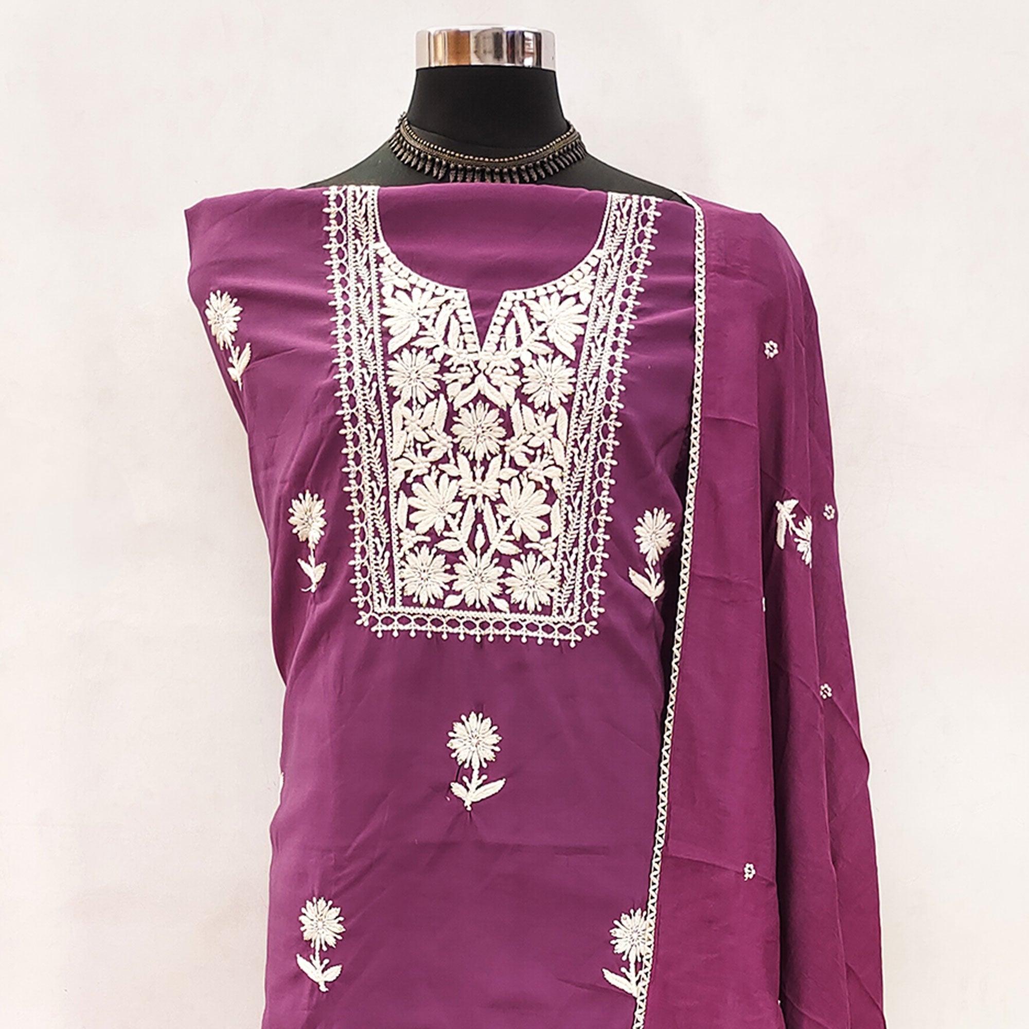 Purple Blossom Embroidered Viscose Fabric for Effortless Style