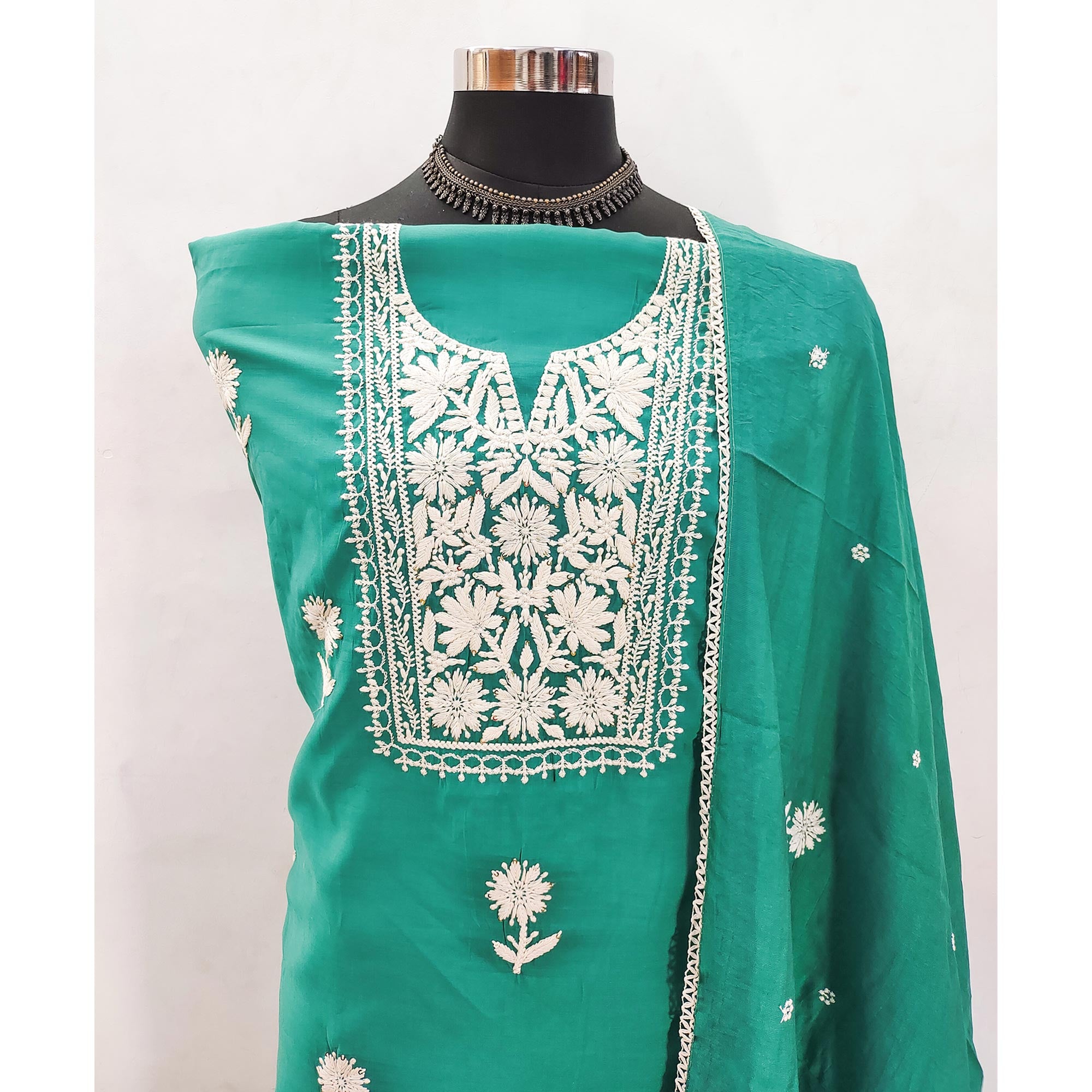 Sea Green Blossom Embroidered Viscose Fabric for Effortless Style