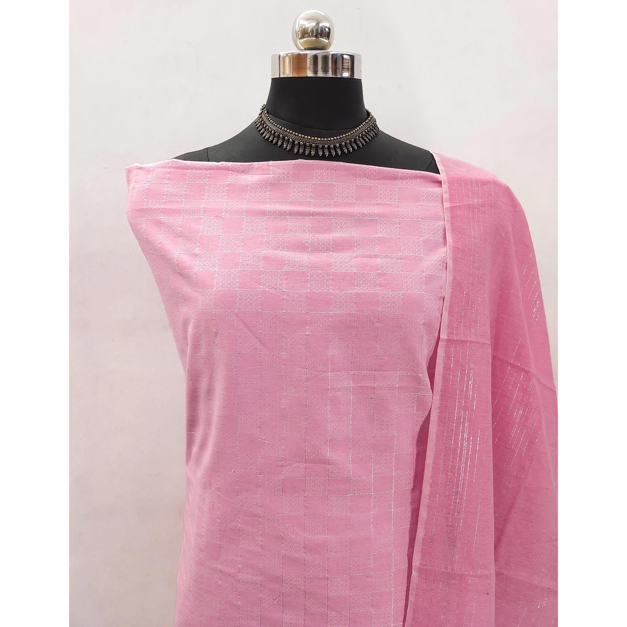 Soft and Breathable Pure Cotton Dress Material in Pink with Timeless Checkered Design