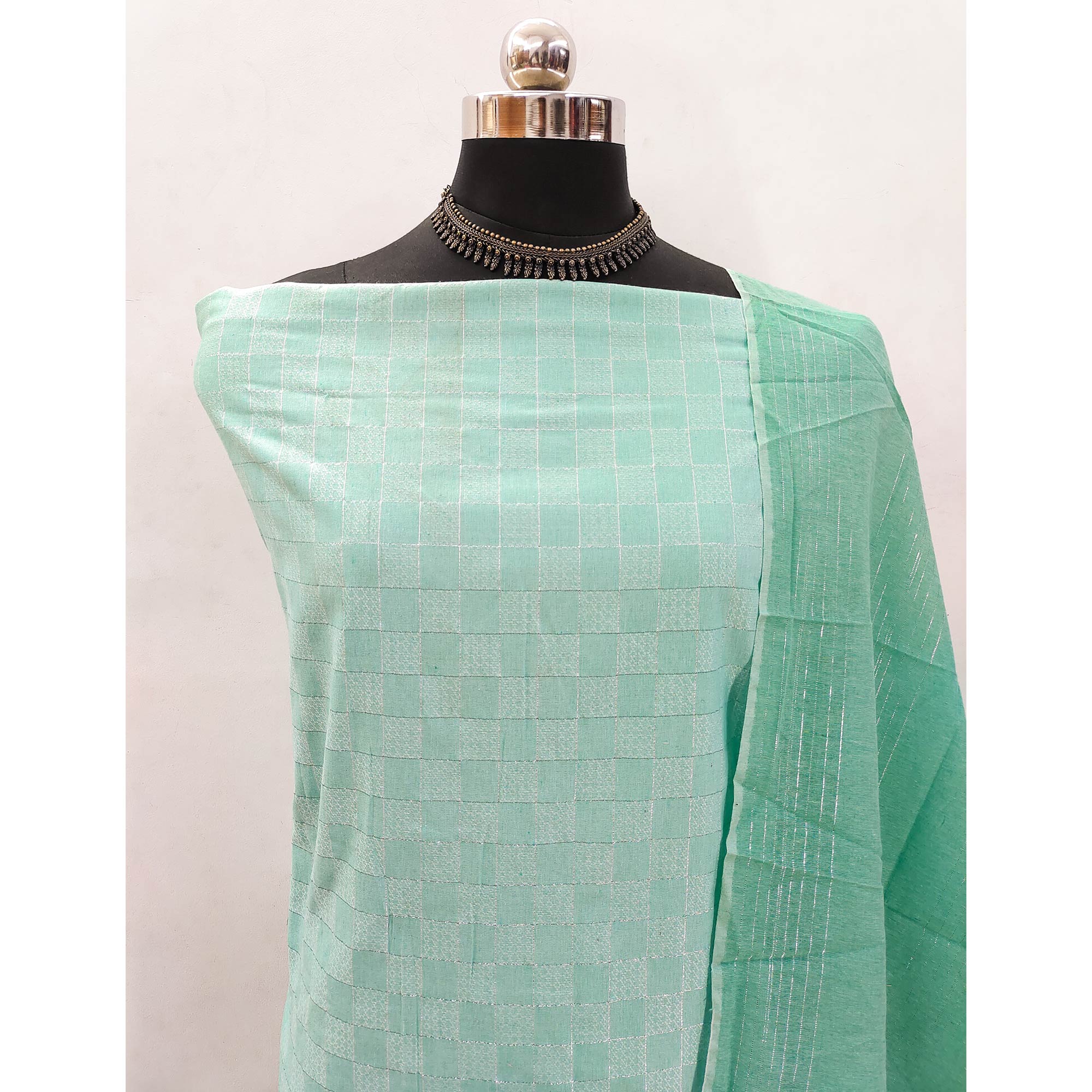 Soft and Breathable Pure Cotton Dress Material in Sea Green with Timeless Checkered Design