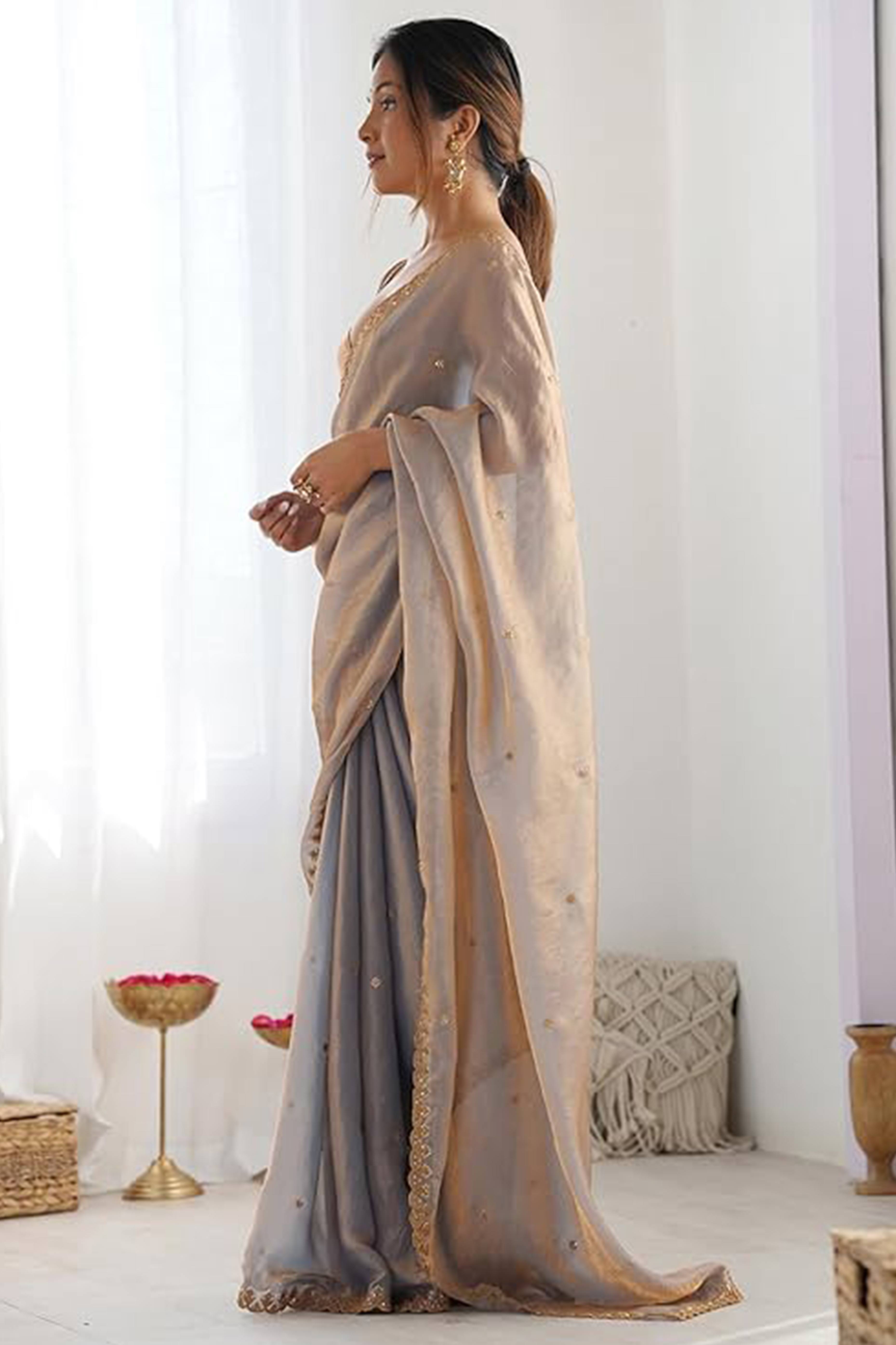 Stunning Grey Organza Satin Silk Saree Adorned With Floral Sequin Zari Embroidery Work
