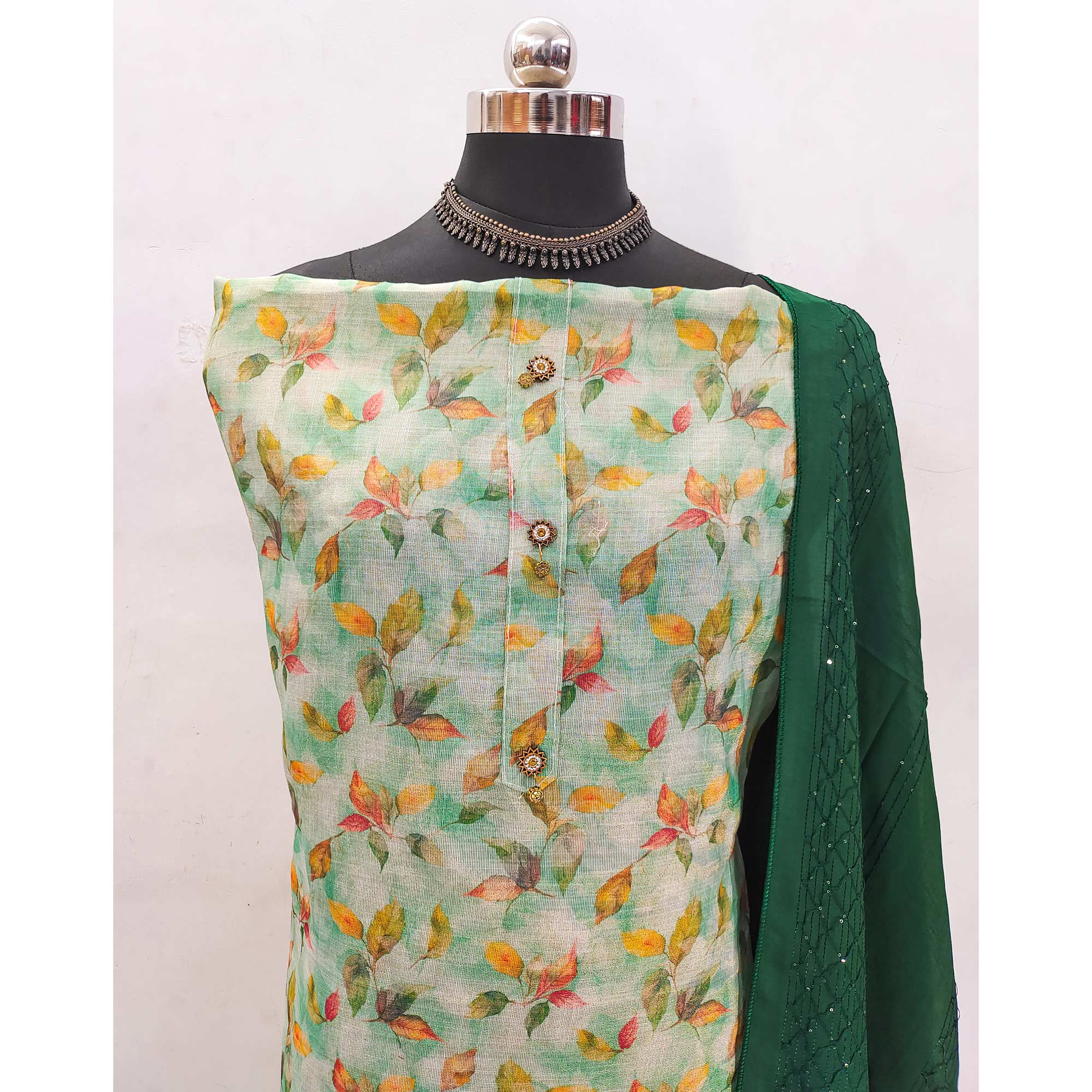 Light Green Linen Dress Material with Floral Prints for Everyday Elegance