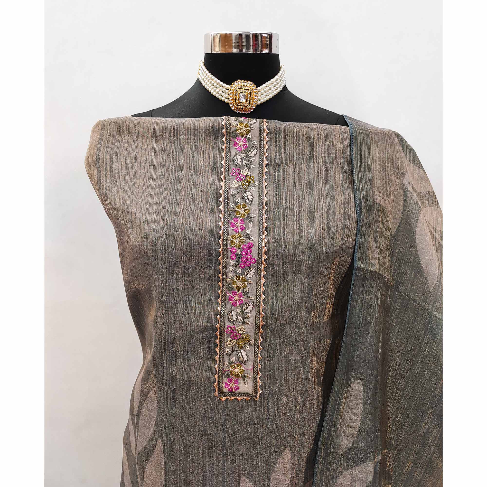 Grey Art Silk Dress Material Adorned with Soft Floral Prints for a Regal Ethnic Touch