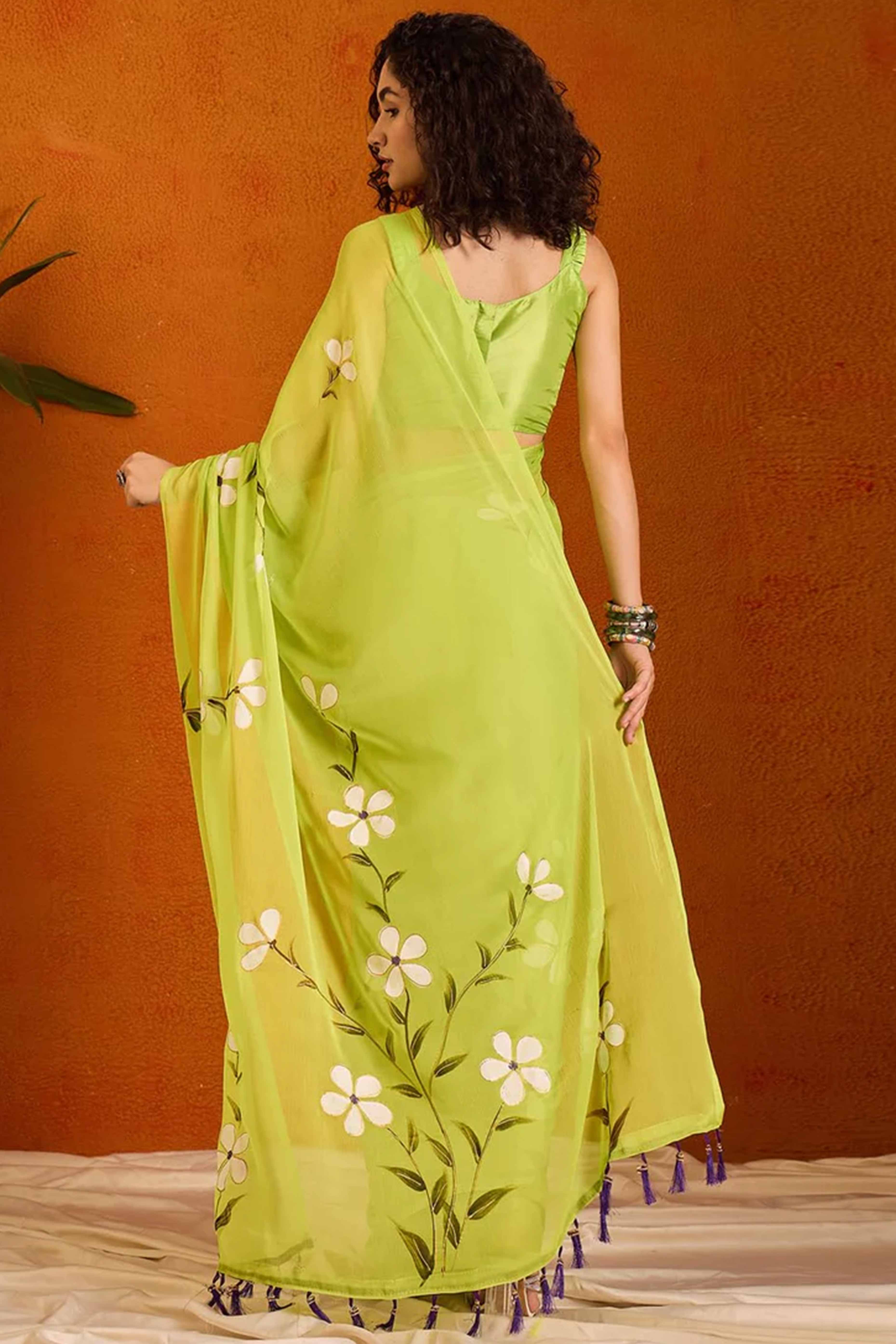 Trendy Lime Green Floral Print Fancy Saree in Airy Chiffon with Elegant Tassel Highlights