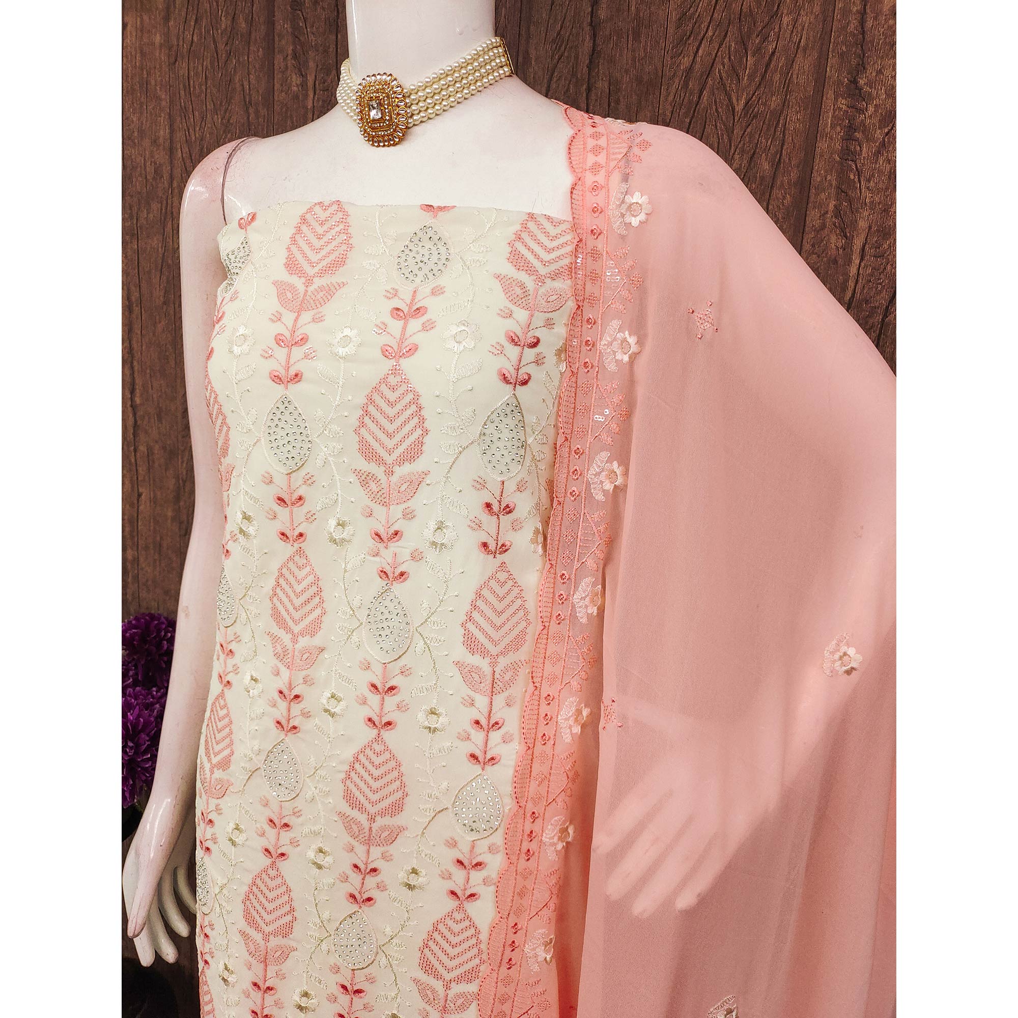 Premium Georgette Dress Material in Peach & Cream with Refined Floral Embroidery