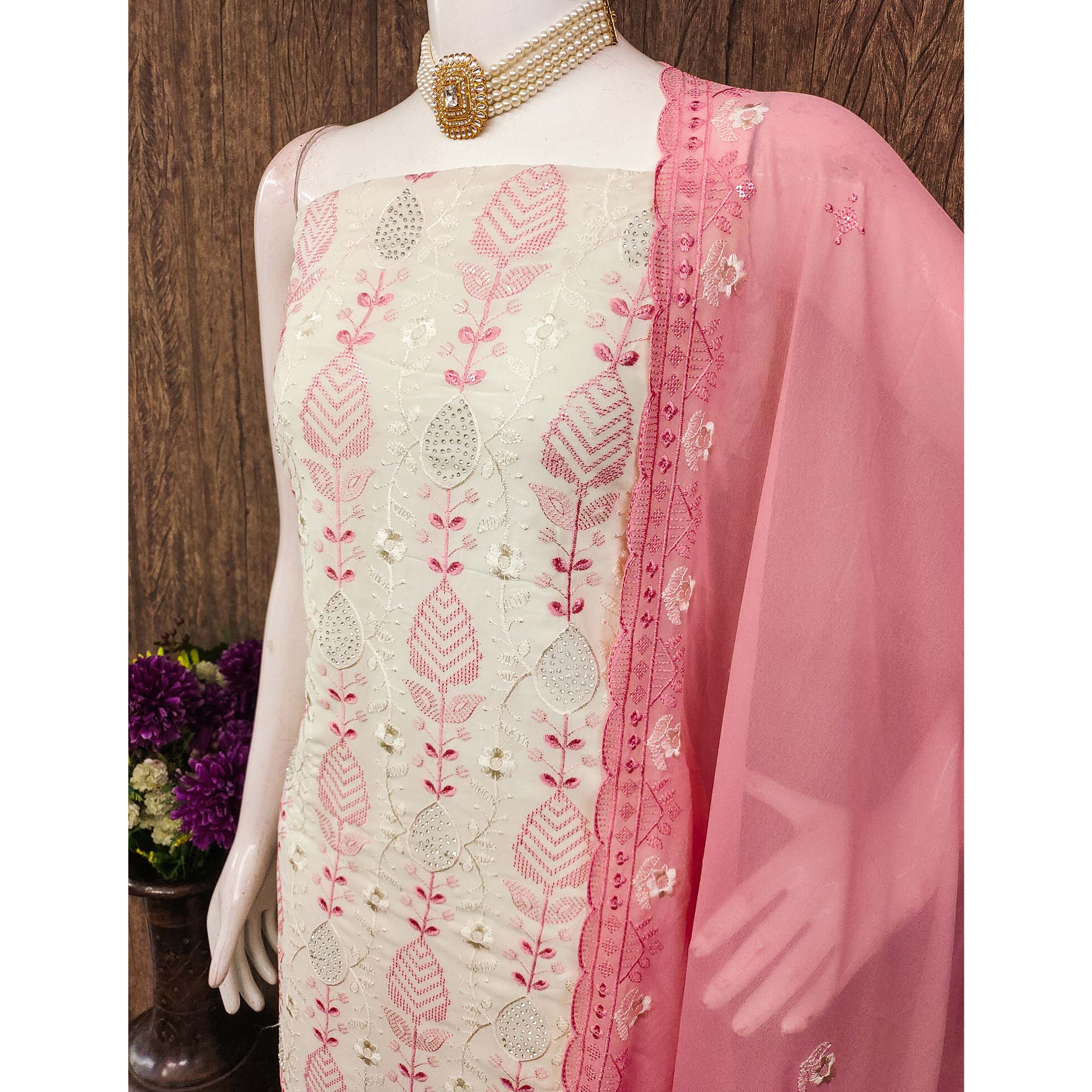 Premium Georgette Dress Material in Pink & Cream with Refined Floral Embroidery