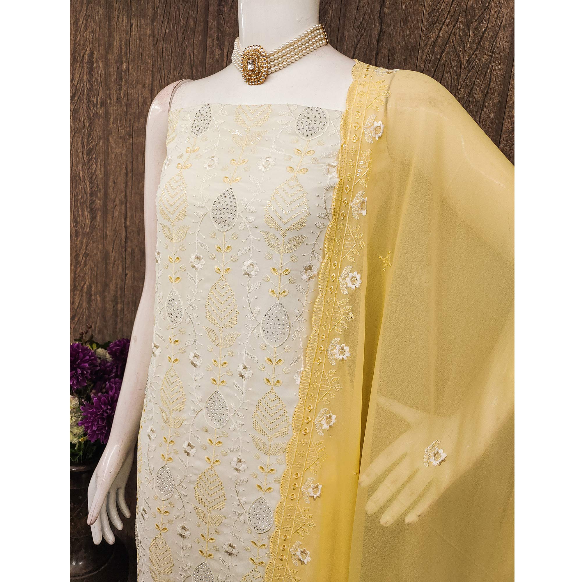 Premium Georgette Dress Material in Yellow & Cream with Refined Floral Embroidery