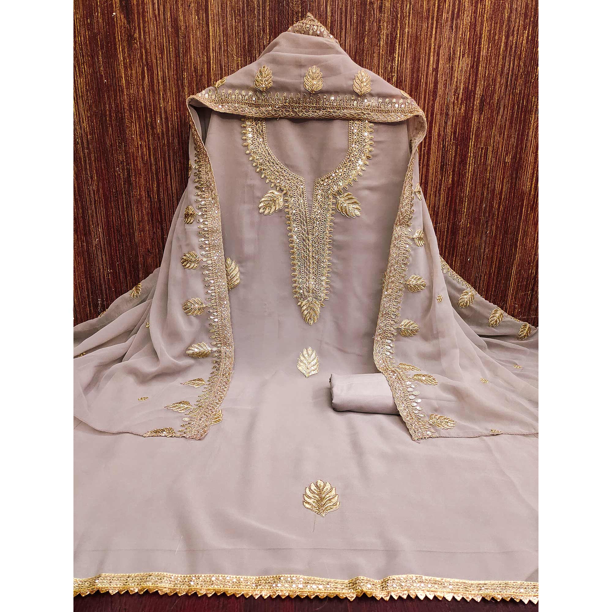 Taupe Beige Ethnic Dress Material in Georgette with Embroidery