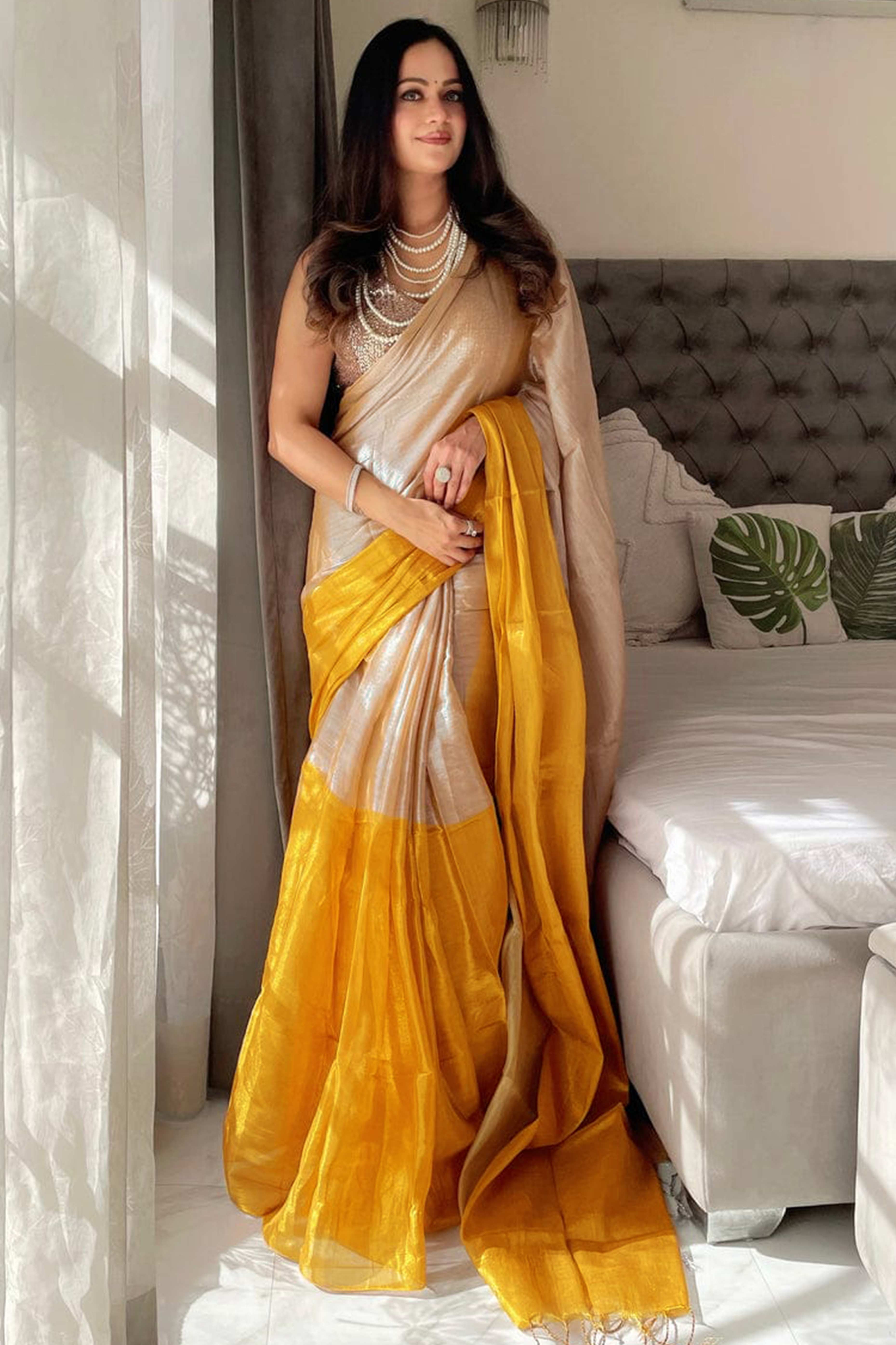 Solid Color Chikoo & Mustard Saree in Art Silk with Decorative Ends