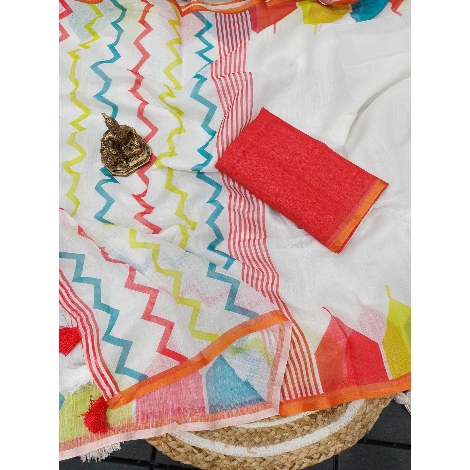 Elegant White Geometric Printed Linen Cotton Saree