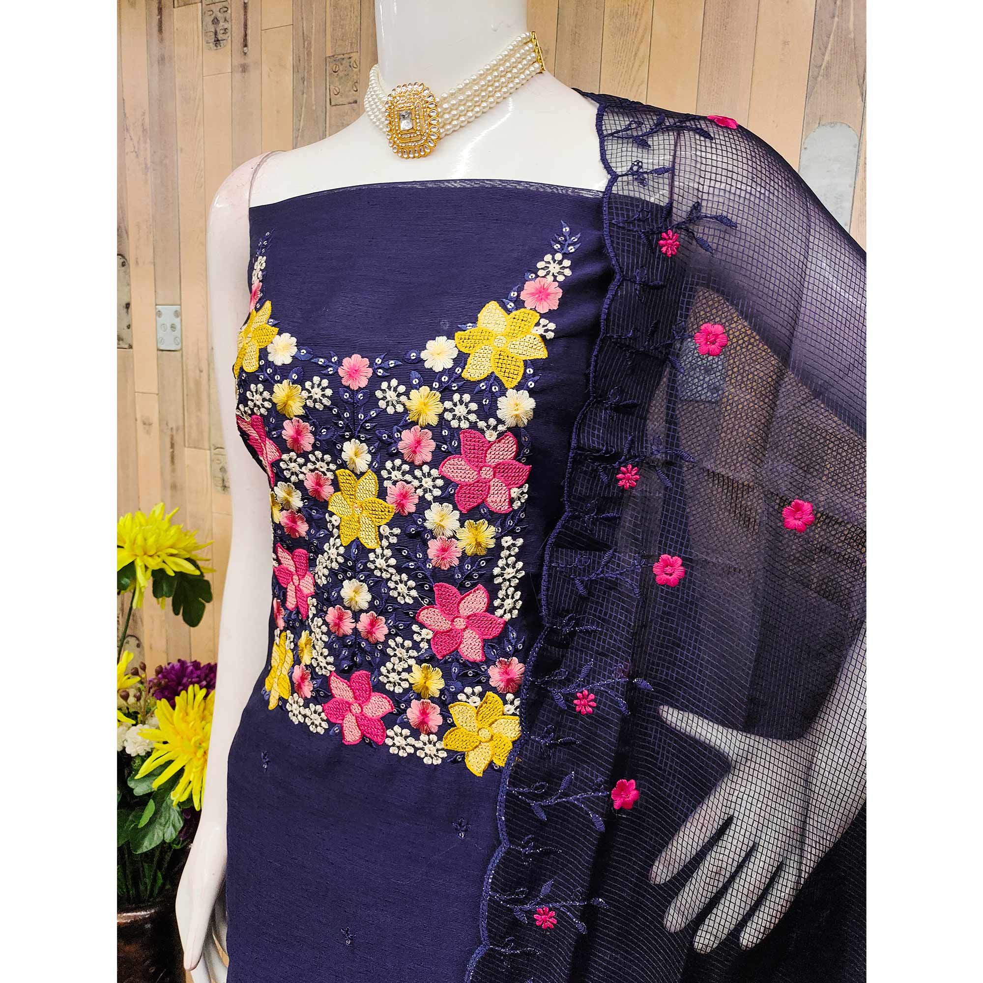 Blue Cotton Blend Unstitched Dress Fabric Featuring Delicate Floral Embroidery