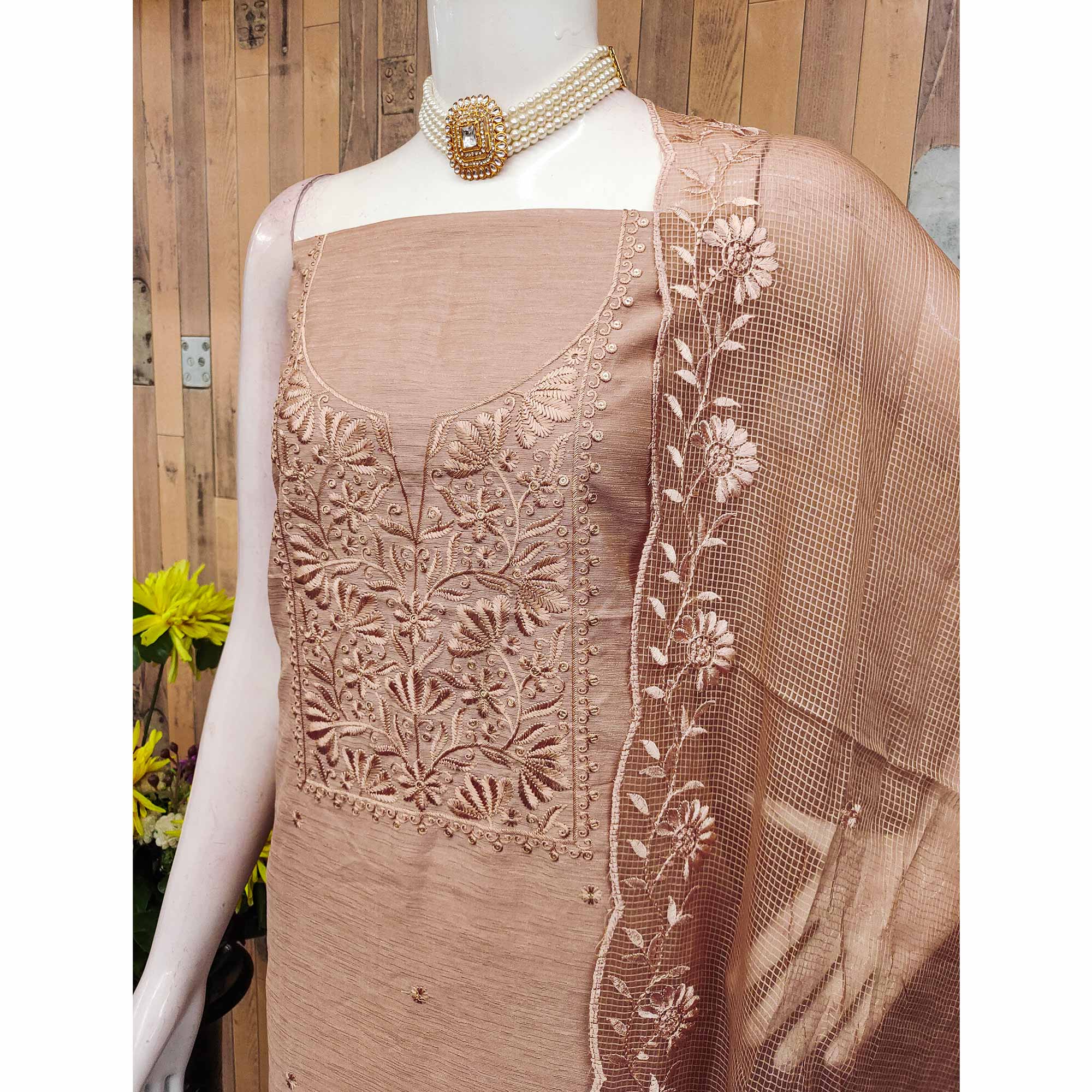 Festive Wear Brown Floral Embroidered Unstitched Cotton Blend Dress Material