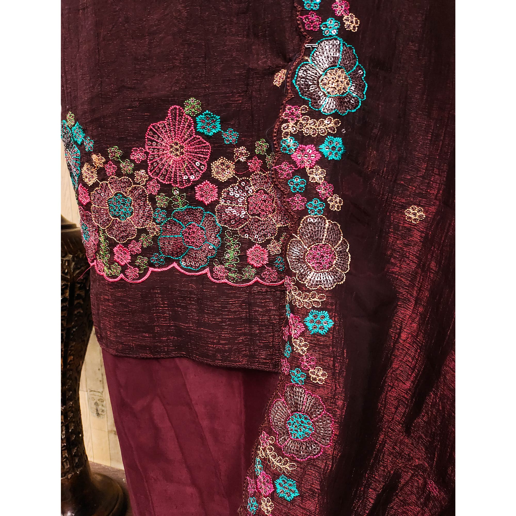 Festive Unstitched Wine Cotton Blend Dress Material with Floral Embroidery