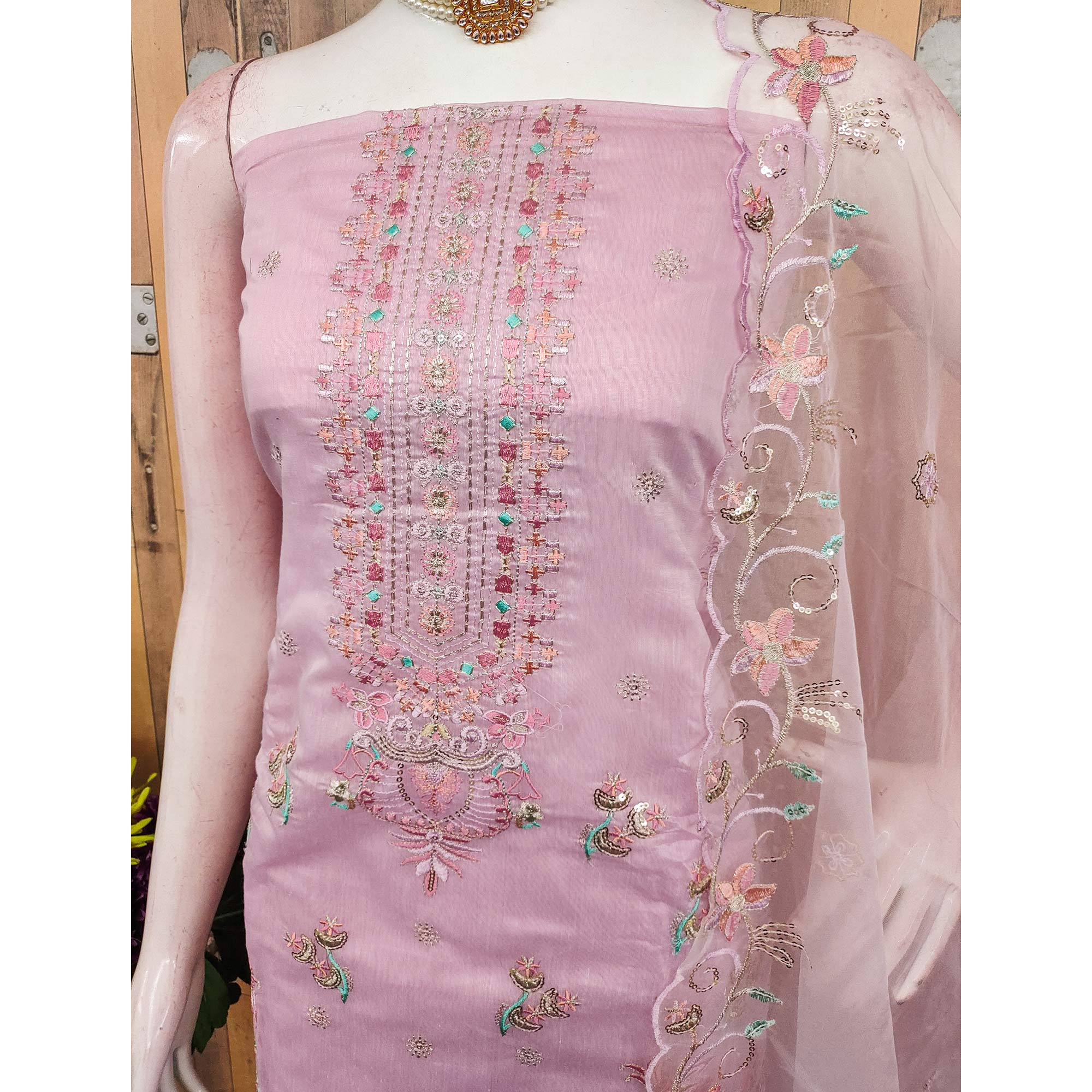 Pink Unstitched Chanderi Silk Dress Material with Delicate Sequins Work
