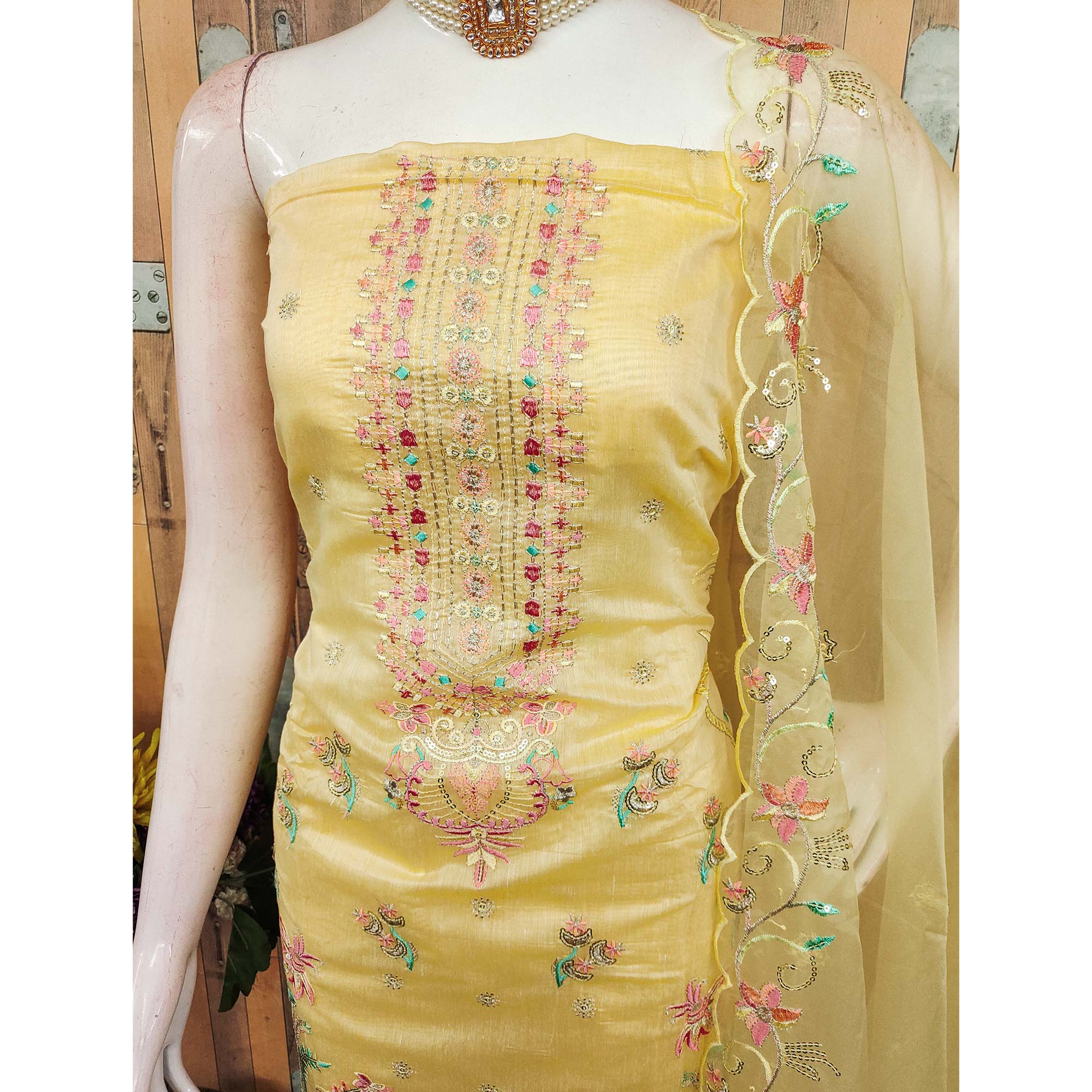 Yellow Unstitched Chanderi Silk Dress Material with Delicate Sequins Work