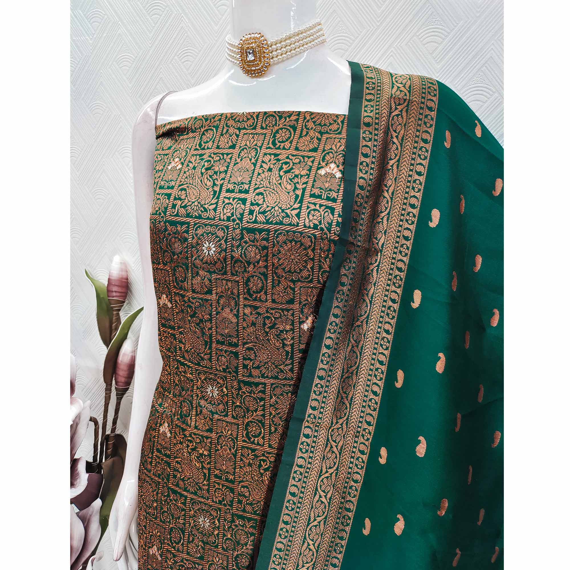 Green Banarasi Silk Dress Material With Heavy Zari Weaving