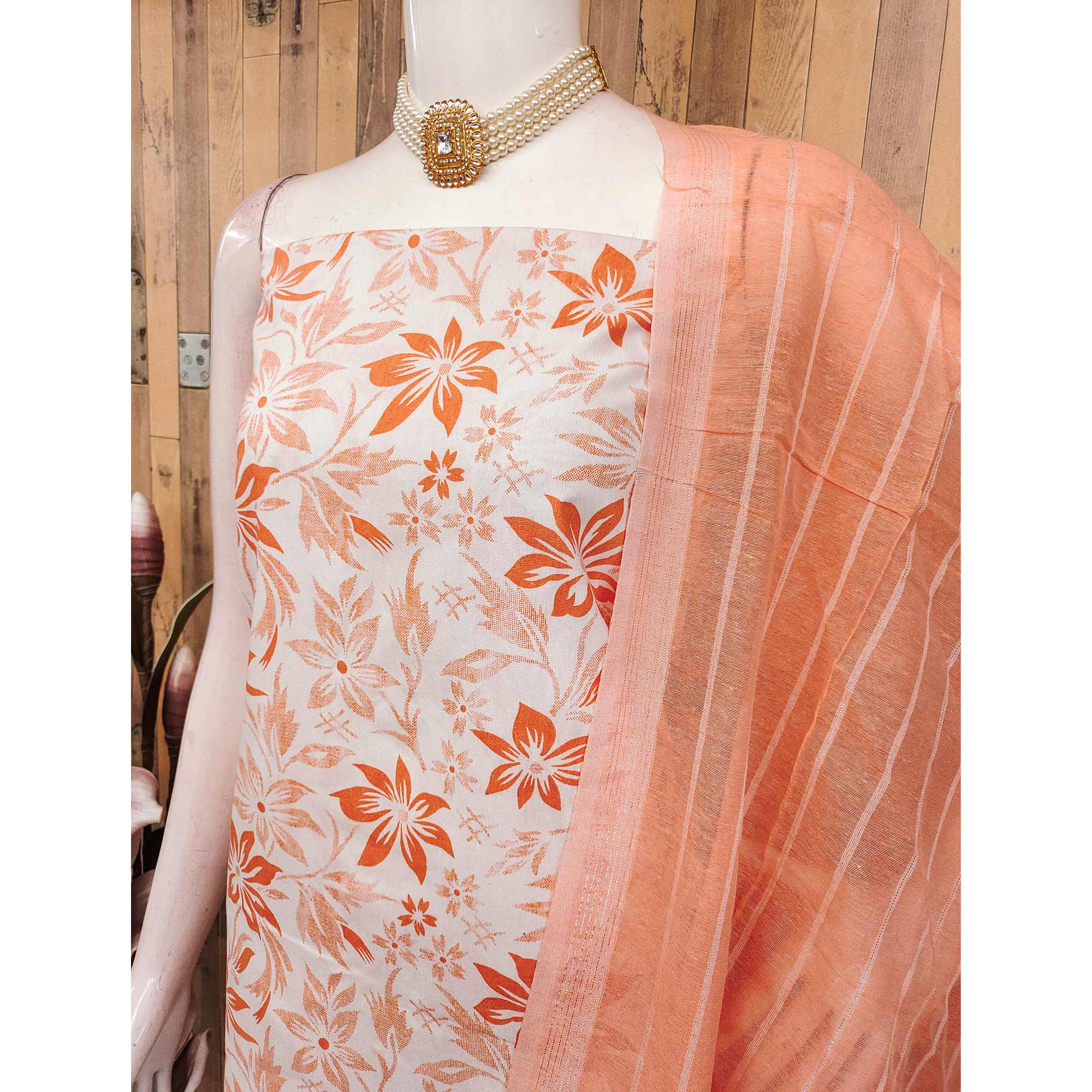 Pure Cotton Orange Dress Material with Delicate Floral Prints