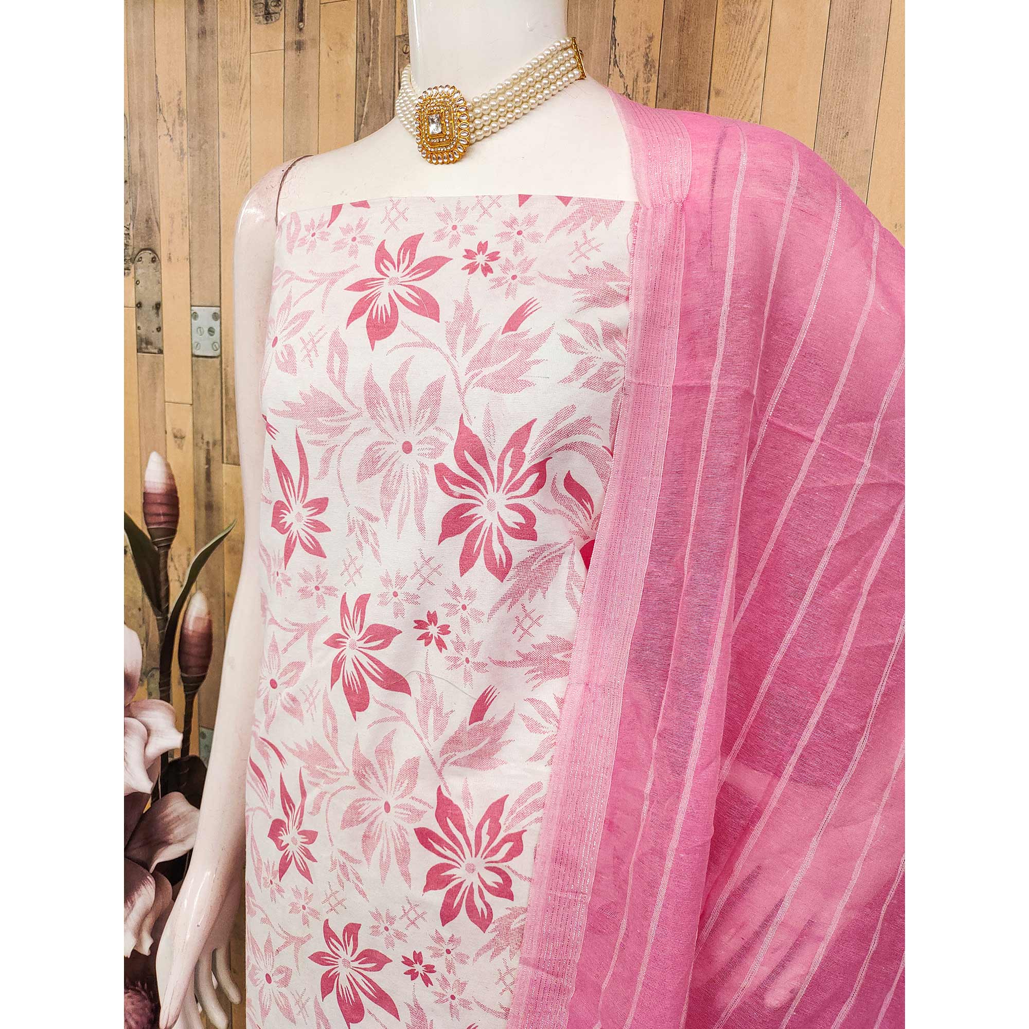 Pure Cotton Pink Dress Material with Delicate Floral Prints