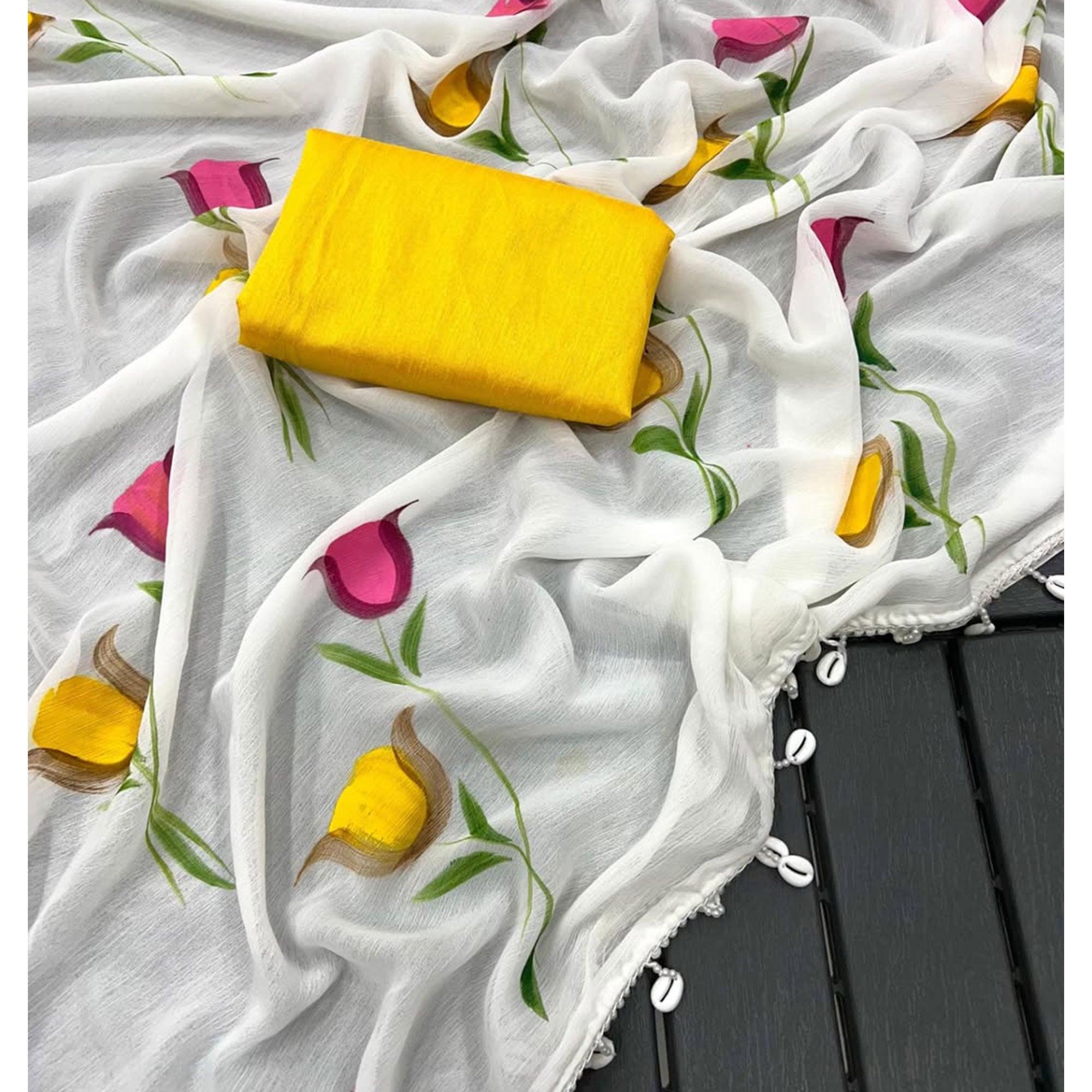 White Floral Printed Georgette Party Wear Saree With Cowrie Shell Edge